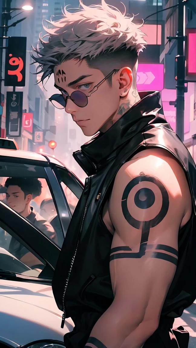 highest quality, 8K, high resolution image, anime style Jujutsu Kaisen, detailed strokes, bored look, blurry, purple light reflecting from it, (close angle), 1 man, male, model, (Ryomen Sukuna's Tattoos) ,Hands tap on the keyboard, cool guy, multicolored background with different geometric shapes, around stickers, muscular, grey hair, grey eyes, short hair hairstyle: undercut, puffy chest. he is wearing a leather jacket with gold ones Details a white white tank top and a black pants, sunglasses, background: city, street, cars, taxi, people, pigeons