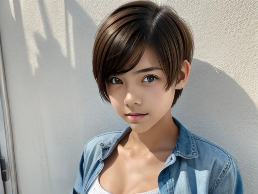 A  beautiful and slim girl with short hair. Tomboy hair style. Breast can be seen.