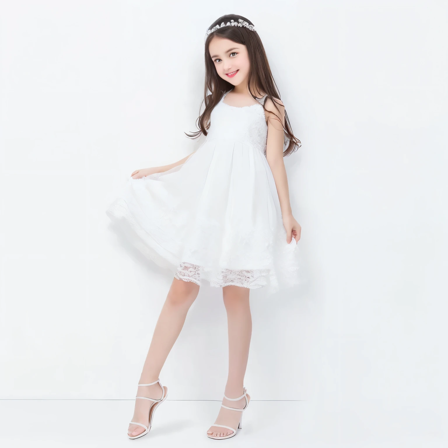 arafed image of a  in a White Dress and sandals, White fashion clothes, white sundress, White lace dress, Child, Caitlin Mini Cute Style, white lace clothing, Full length view. White plastic, full body White Dress, elegant White Dress, White Dress, white royal dress, Casual white clothing, white summer clothes，可爱Child