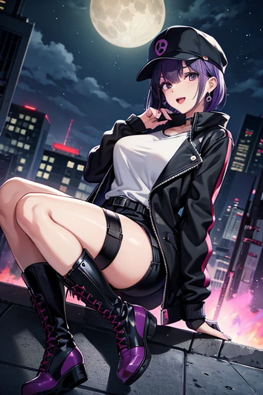 Anime Art、Full body portrait、Modern Street Murderer、Moonlit Ruins、A tall woman, about 175cm tall, in her 20s, wearing a black jacket and shorts, holding a large baseball bat、Short medium hairstyle、Bangs long enough to cover both eyes、Purple Hair、Wearing a red cap、Bossy smile with open mouth、gloves、stockings、boots、wearing silver earrings in his ears