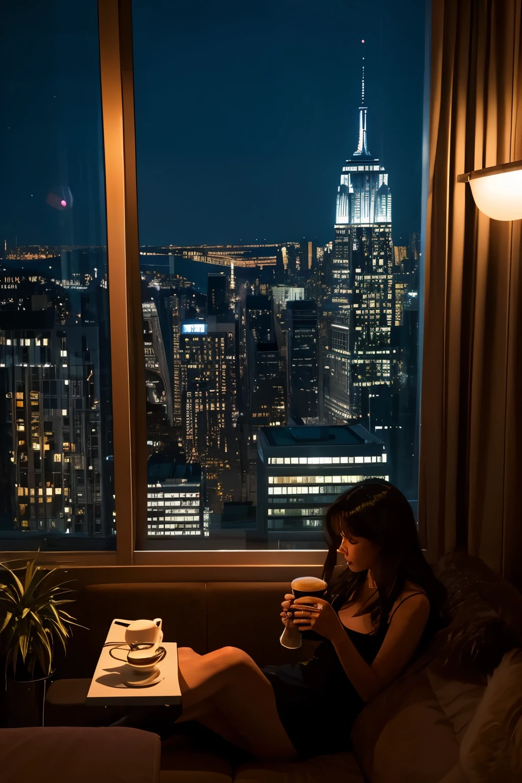 Manhattan at night, from a high-rise apartment room.
The illuminated building and the room from a high vantage point contribute to the cozy atmosphere, showing parts of the room, such as the houseplants and the shelves by the window, while showing the urban environment outside. A woman is relaxing on a sofa, drinking coffee