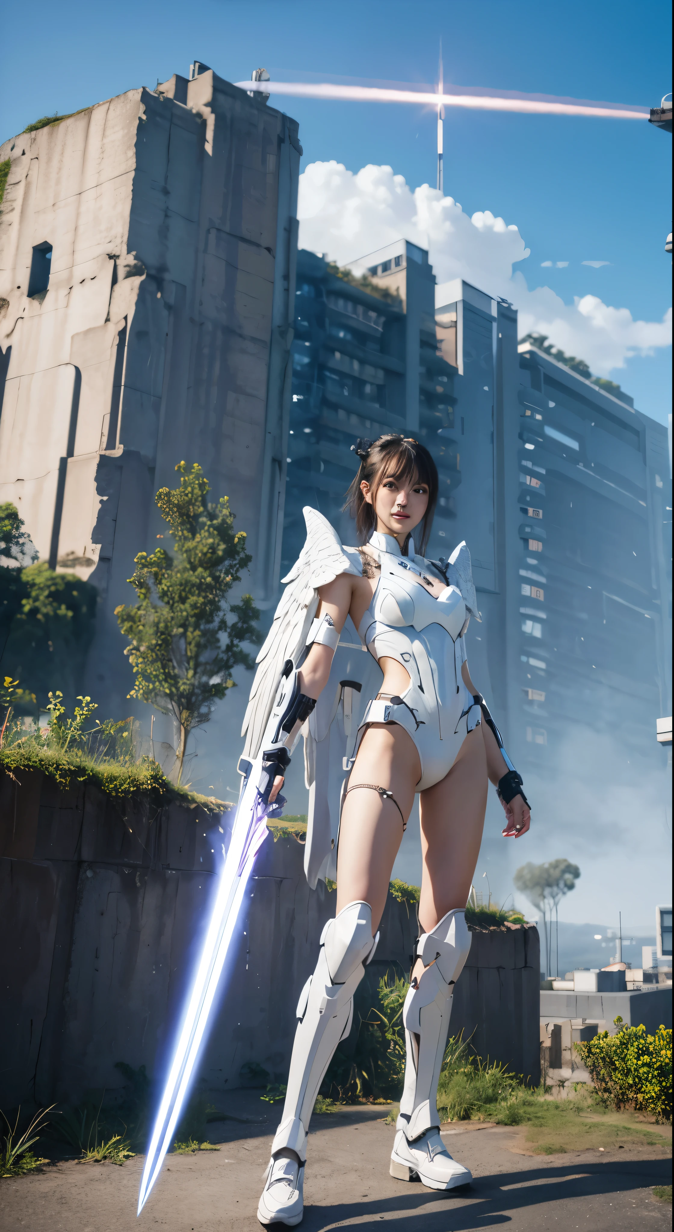 masterpiece、(Highest quality)、high detail、Super detailed、1 Girl、Facial details　(mechanical wing:黄Money、Glowing Eyes:green、White Armor:1.2、Long, thin ears:0.8)、(Cyberpunk City:1.5、arms:Energy Blade)、(Fantasy Landscape:1.2、Natural light:1.5、Show confidence)、(panorama:1.2)、Mecha、smile、angle、angel、wing、Money、born、Full body high quality images