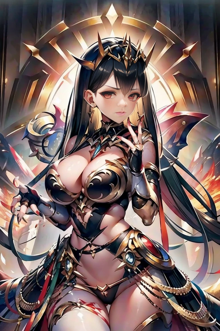 black hair, bare shoulder, red eyes, very long hair, cleavage, large breasts, dress, showgirl skirt, high-leg, cleavage cutout, tiara, bare thighs, gauntlets, bare shoulder, (((Correctly aligned fingers, extremely detailed hands and fingers, ultra detailed hands and fingers, super detailed hands and fingers, perfect female hands and fingers, biologically accurate hands and fingers, 5 fingers accurate hands and fingers, beautiful hands and fingers, hands and fingers drawing, human hand and fingers, perfect arrangement of fingers))), adult face, fearless face, both arms, two arms, both hands, two hands, super fine illustration, masterpiece, masterwork, by famous artist, official art, ultra high res, best quality, high quality, Hand, detailed, perfect, perfection , hands, betterhand, both hands is Thumb and index finger and middle finger and ring finger and little finger, symmetrical hands, even hands, bare nails, bare fingers, panties, fingers down,