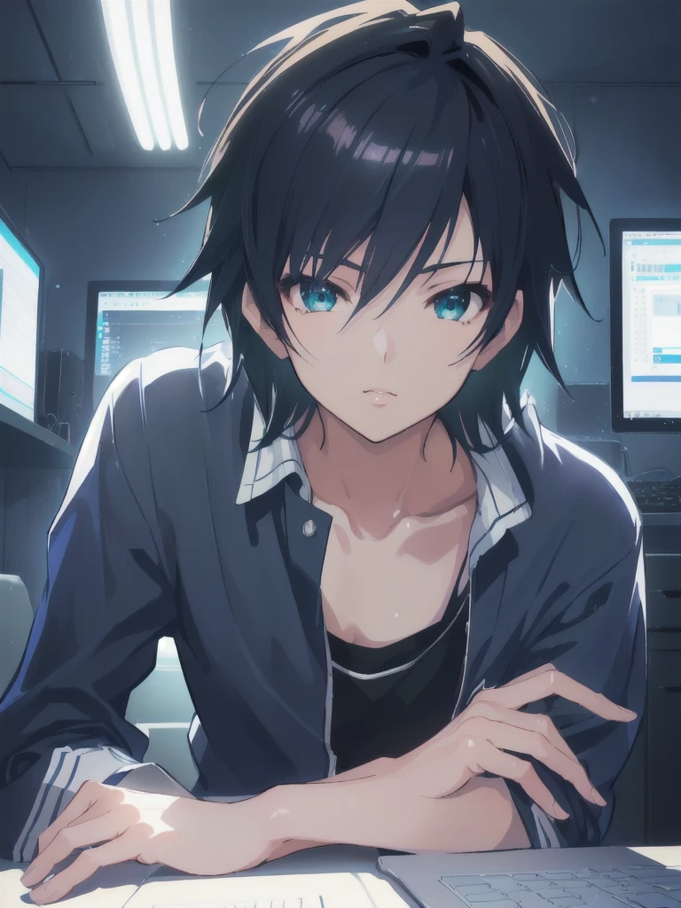 a man sitting at a computer desk, anime style, Makoto Shinkai style, Makoto Shinkai, 8k, (( Makoto Shinkai )), digital rendering, studio ghibli Makoto Shinkai, beautiful detailed eyes, beautiful detailed lips, extremely detailed face and eyes, long eyelashes, intricate details, cinematic lighting, soft pastel colors, high quality, photorealistic, 3D render, hyper detailed