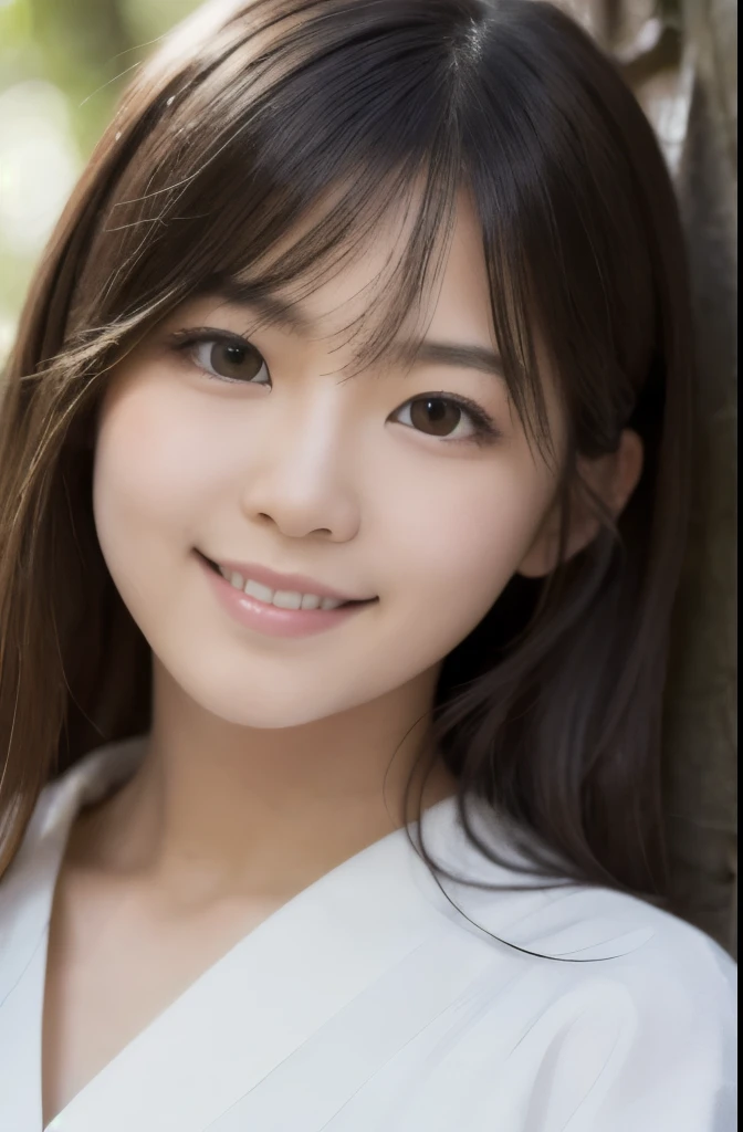 best quality, face focus, soft light, ultra high res, (photorealistic:1.4), RAW photo,(Shinozaki Ai), white skin, kawaii,
1 Japanese girl, solo, cute, (smile), (pupil, lights in the eyes),  detailed beautiful face, Medium-sized breasts,(high resolution detail of human skin texture),(long hair),(portrait), upper body, white traditional kimono, in the forest,