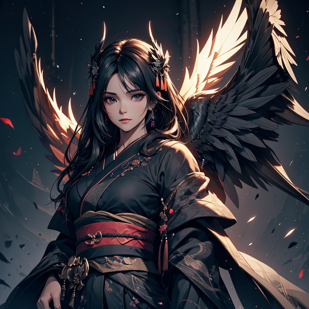 portrait of 1 Dark angel in the dark, her wing surround her, her black wings cover her, totally darkness, dark black tone, 8k, hd, unreal engine, dreamy, romantic, fantasy, black plain background, kimono