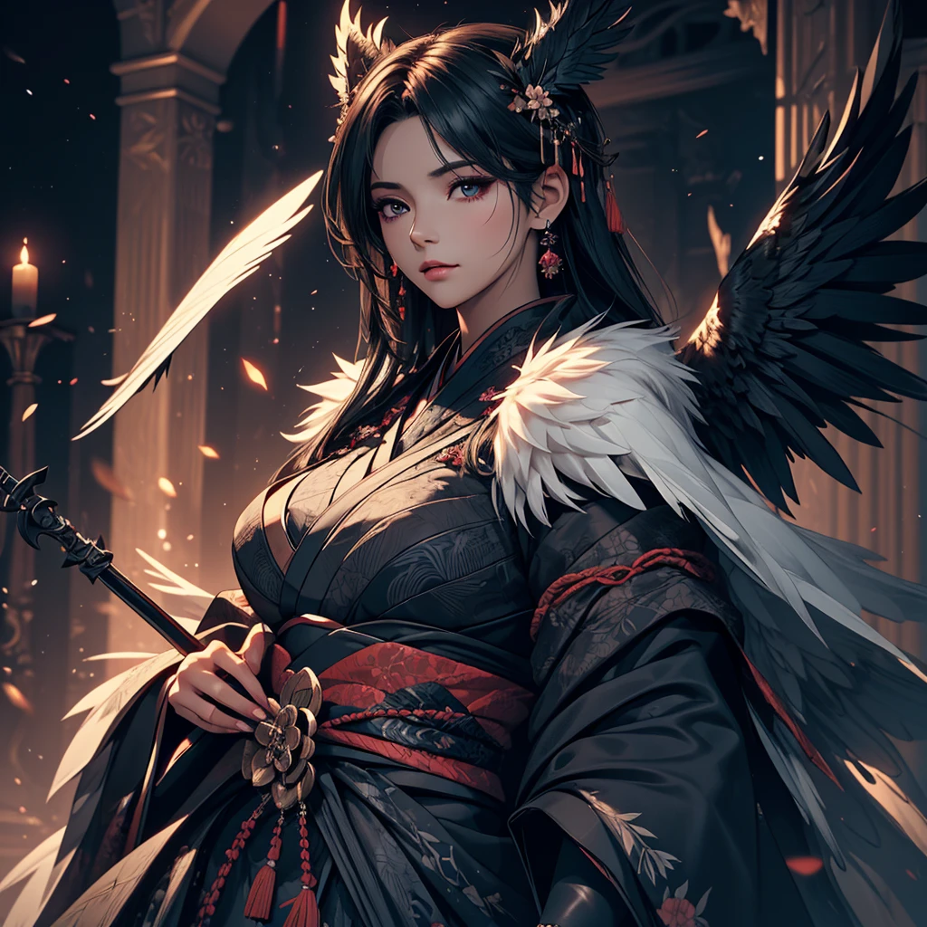 portrait of 1 Dark angel in the dark, her wing surround her, her black wings cover her, totally darkness, dark black tone, 8k, hd, unreal engine, dreamy, romantic, fantasy, black plain background, kimono