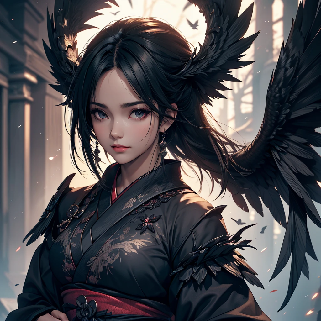 portrait of 1 Dark angel in the dark, her wing surround her, her black wings cover her, totally darkness, dark black tone, 8k, hd, unreal engine, dreamy, romantic, fantasy, black plain background, kimono