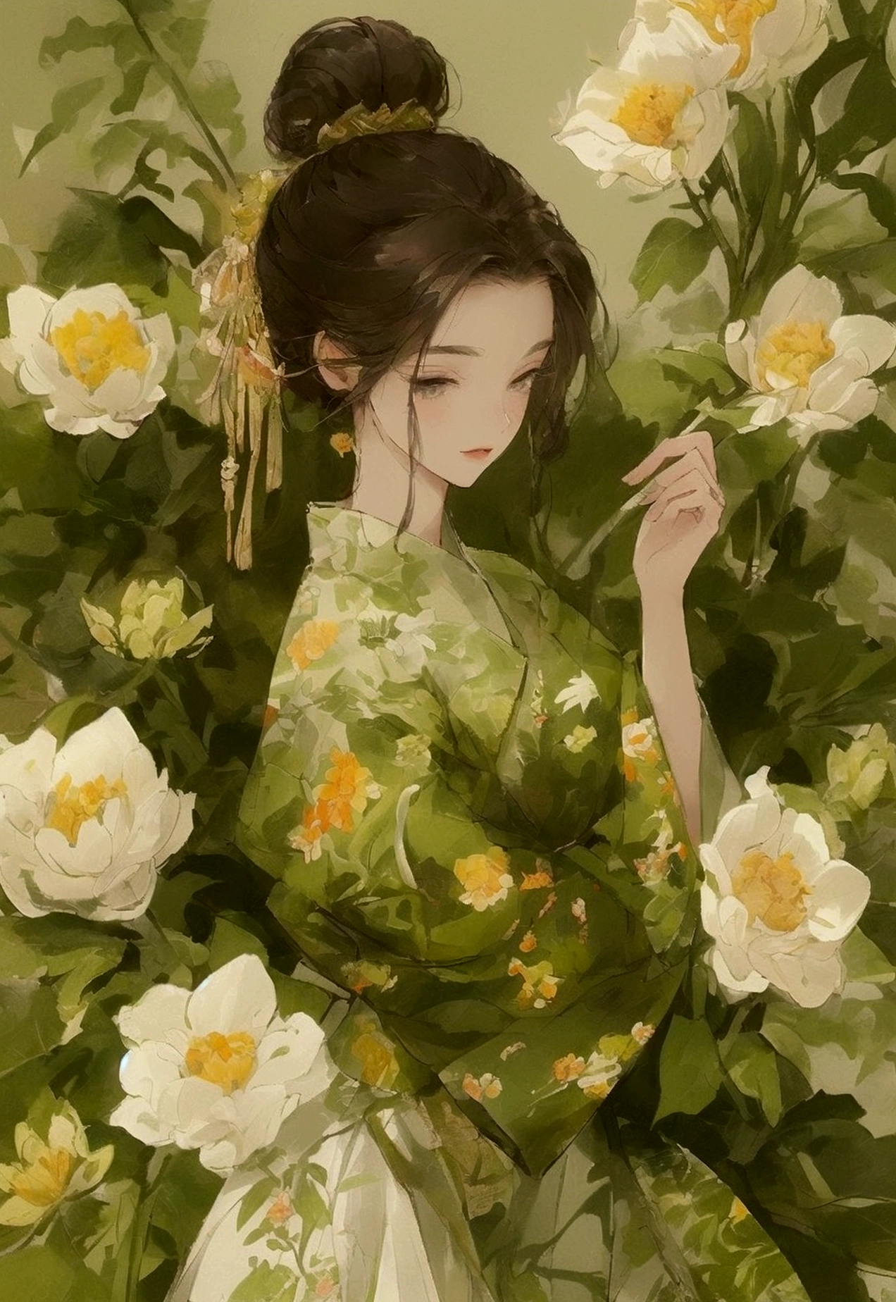Young men and young women,Flowers around,Light white and light green,Exaggerated human proportions,Front view,Illustration in flat style,Soft Light,Super Detail,Ultra HD,8K quality,Wide Angle