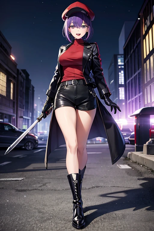 Anime Art、Full body portrait、Modern Street Murderer、Moonlit Ruins、A tall woman, about 175cm tall, in her 20s, wearing a black jacket and shorts, holding a large baseball bat、Short medium hairstyle、Bangs long enough to cover both eyes、Purple Hair、Wearing a red cap、Bossy smile with open mouth、gloves、stockings、boots、wearing silver earrings in his ears