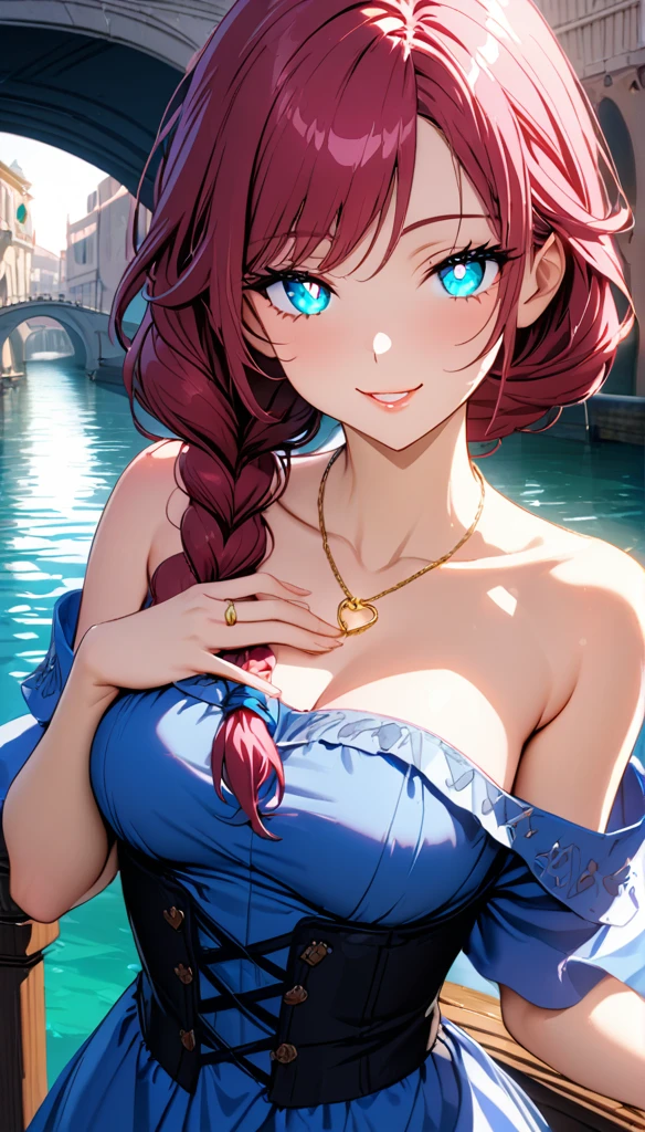 (masterpiece, very aesthetic:1.4), best quality, incredibly absurdres, Accurate, 8K, stunning, stylized,
ultra-detailed, delicate details, simplified details,
cinematic, recent, (vibrant:1.2), (clear pictures, clean lines), (illustration), digital painting, (soft lighting:1.2),
cowboy shot,
BREAK
a cute girl, solo, college age, (small face), beautiful detailed face,
charming girl, bewitching girl, A symbol of miraculous beauty, Graceful posture,
medium breasts, curvy, accurate hands and fingers,
BREAK
(burgundy red hair), (a long single braid hair:1.4), smooth hair, asymmetrical bangs,
BREAK
(aqua blue eyes), (beautiful detailed eyes:1.3), (black oblong Pupils, slant eyes, glowing eyes, finely detailed irises, long delicate eyelashes:1.2),
BREAK
(navy blue dress), (off shoulder, Strapless dress, Sleeveless:1.3), (black corset), (a tiny heart-shaped golden ring pendant:1.4),
BREAK
fantasy world cityscape, (A city resembling Venice with canals, Leaning against the railing of a bridge over a large river:1.2), (soft lighting:1.2), Beautiful world, sunny afternoon, Blown by the gentle wind, Soft sunlight that induces afternoon drowsiness,
BREAK
gorgeous lips, natural pink lips, heart-shaped lips, beautiful detailed lips, Glossy,
(seductive smile:1.3), (looking side glance), (left hand on own chest:1.2), perfect eyes,
