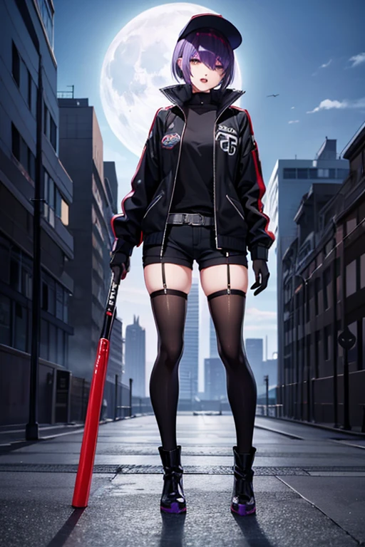 Anime Art、Full body portrait、Modern Street Murderer、Moonlit Ruins、A tall woman, about 175cm tall, in her 20s, wearing a black jacket and shorts, holding a large baseball bat、Short medium hairstyle、Bangs long enough to cover both eyes、Purple Hair、Wearing a red cap、Bossy smile with open mouth、gloves、stockings、boots、wearing silver earrings in his ears