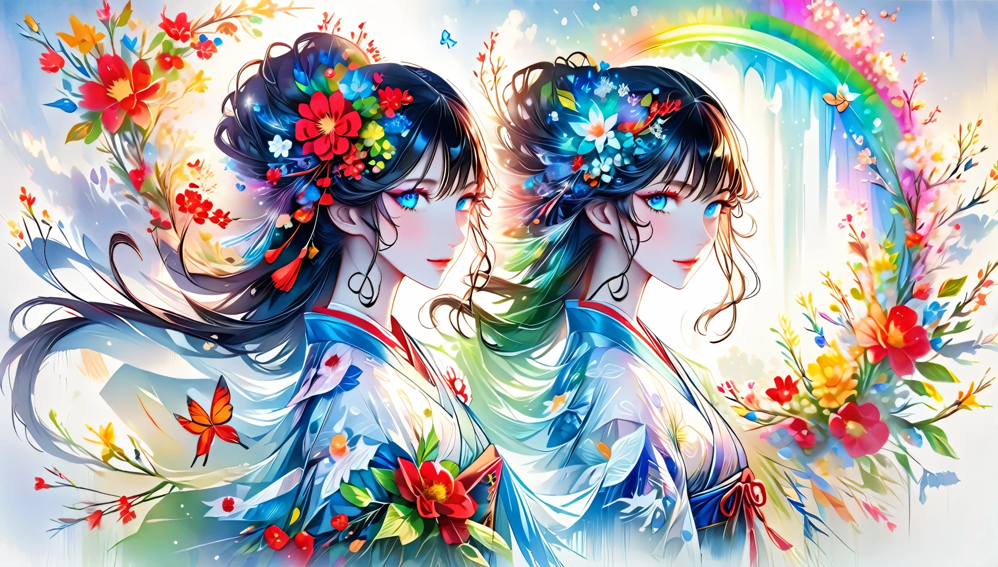 A fusion of watercolor and oil painting, Psychedelic world, Commemorative photo, Japanese Kimono,beautiful girl、Lolita、15-year-old girl, 1 cute girl、(Look forward), (Looking at this), (Very delicate and beautiful face)、(Beautiful eyes in every detail)、((((Heterochromia Iridum - Red and Blue Eye Color))))、Through the bangs,Black Hair,Long Hair ,Beautiful attention to detail, Beautiful lip detail, Highly detailed face, Attractive eyes, Long eyelashes, smile, shy, One Girl, Digital Art, pastel colour, ((Use the rainbow as your main color)),Vibrant colors,fantasy art pieces,dream-like,Mythical fantasy with rainbow accents,Fairytale Fantasy, (((Translucent rainbow))),Subtle iridescent details,Gives off an aura of magic,Exquisite detail,Character clothing should be designed in kimono, Heavenly, Soft lighting, Cinematic, romantic, baby doll、Framing above the chest、Colorful gel background、Fractal Floral Background、Sparkling、Perfect lighting、Sharp focus、High resolution、High resolution、High color rendering、High resolution