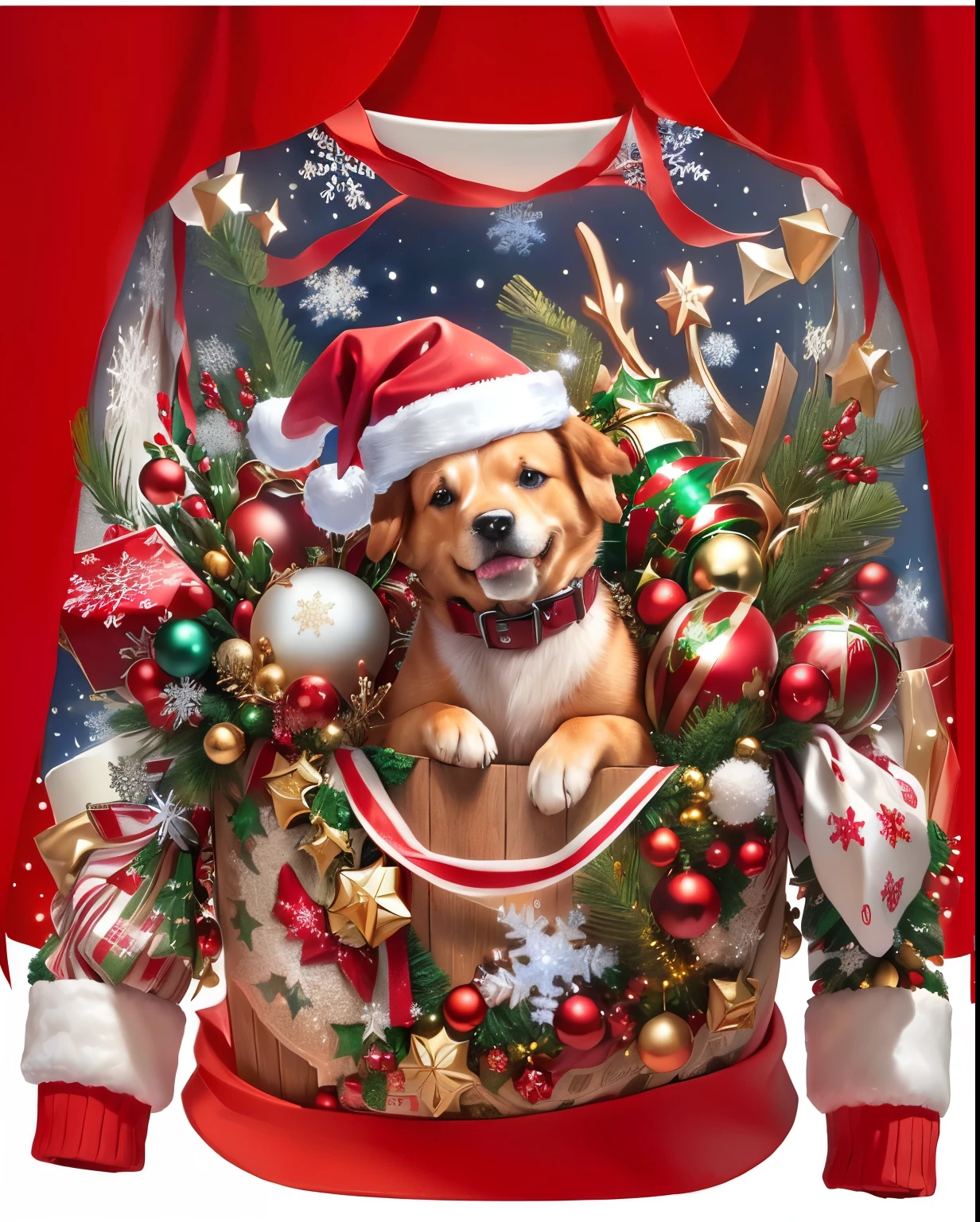 Close-up of a sweater,There is a cute dog wearing a Santa hat on it, watery eyes、Extremely realistic, Very realistic, Surrealism, very Very realistic, Surrealism, Extremely detailed, Very realistic, Extremely complex, Highly realistic, There are many small decorations, Inspired by Rudolf F.. Inger, (Extremely detailed, Very detailed and realistic, Realistic and detailed、Snowflake background、Lots and lots of Christmas gifts、HD