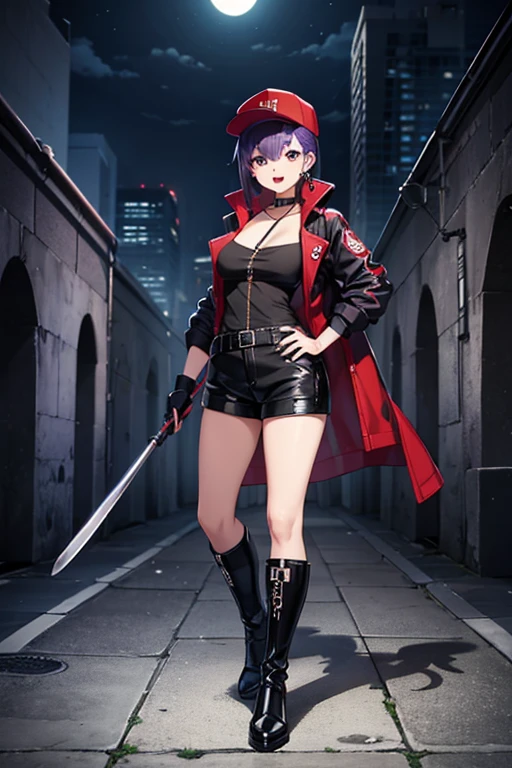 Anime Art、Full body portrait、Modern Street Murderer、Moonlit Ruins、A tall woman, about 175cm tall, in her 20s, wearing a black jacket and shorts, holding a large baseball bat、Short medium hairstyle、Bangs long enough to cover both eyes、Purple Hair、Wearing a red cap、Bossy smile with open mouth、gloves、stockings、boots、wearing silver earrings in his ears