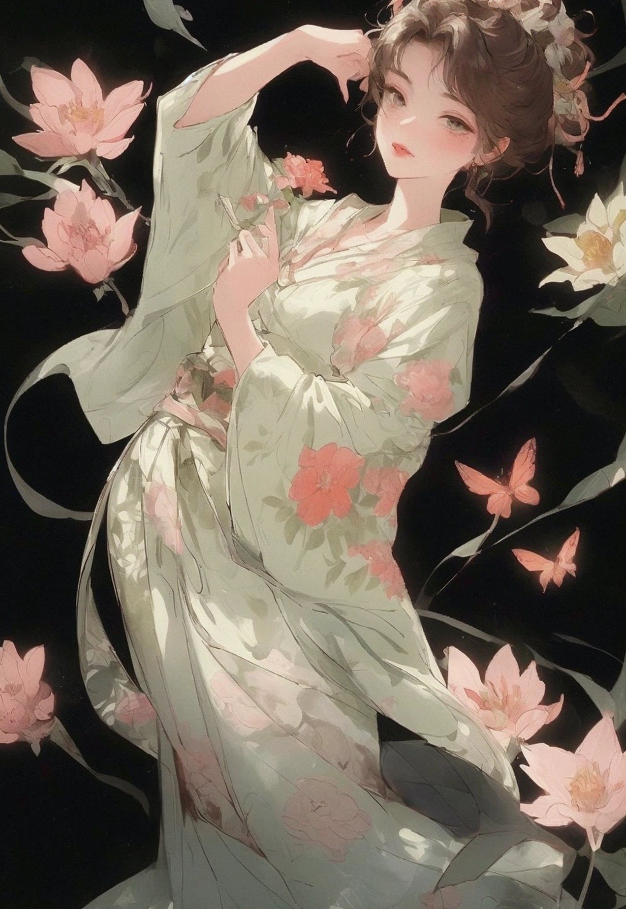 Romantic illustrations,sparkling eyes, Gorgeous girl Surrounded by peony and plants, Lace bow, detailed facial features, by Guo Pei, by Yan Jun Cheng, in the style of delicate floral surrealism, delicate realism, dreamlike quality,