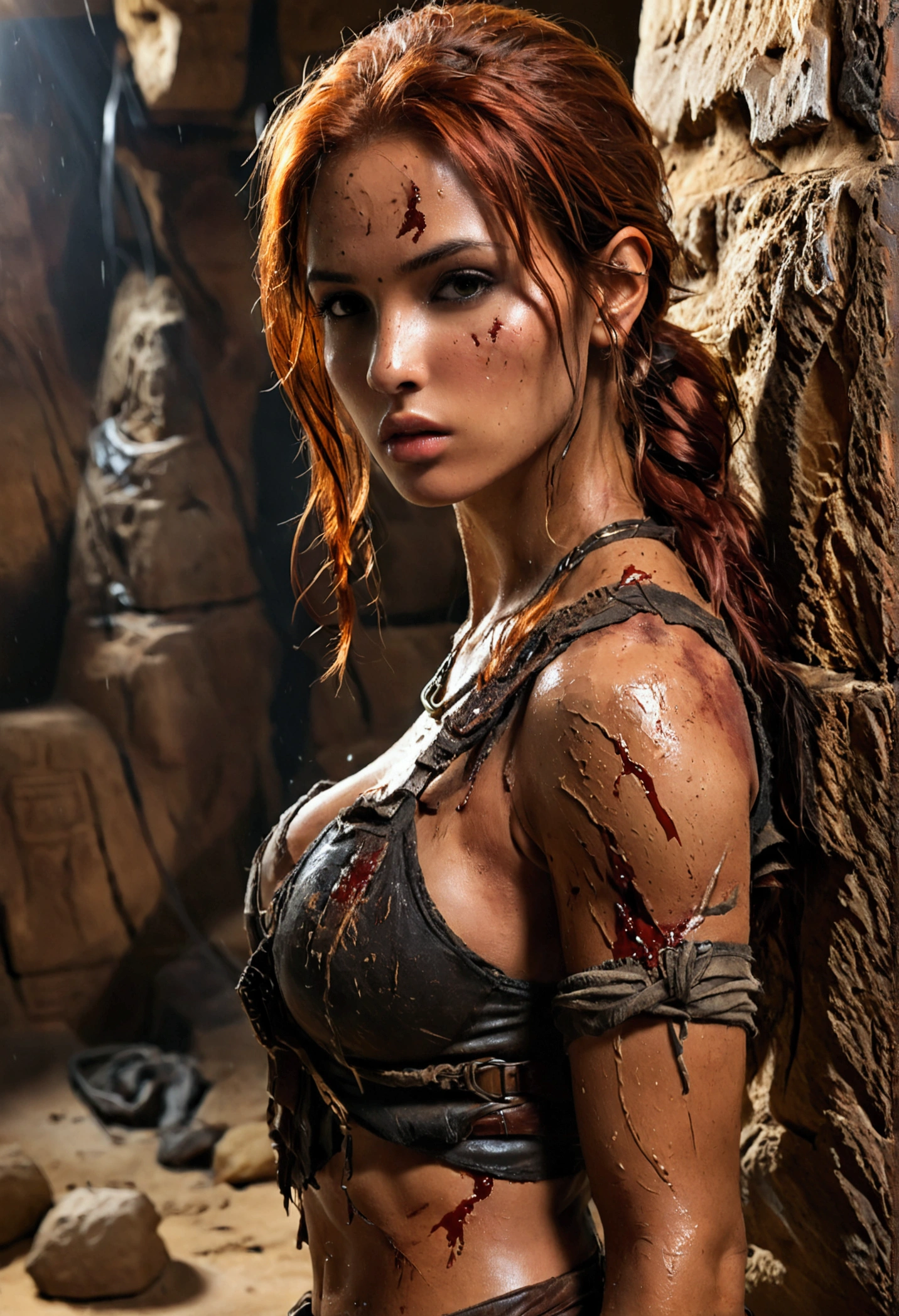 (full body shot:1) photorealistic image of a (standing pose:1) woman, ultrarealistic, photography, long red hair, woman, 24 years old, hourglass figure, perfect body, Flirty look, natural medium breasts, blur background, Full body picture, Lara Croft costume with slightly shiny tanned skin dressed in a Lara Croft outfit, with a very ripped and torn blouse with a plunging neckline, pushed down over her right shoulder; pitchblack dark room inside of a large Egyptian pyramid. Her skin and clothes are dirty with mud. A large dark menacing shadow moves in the background, she has small bloody scratches on her body, she wears brown boots, sideview, side view, action shot, cinematic shot