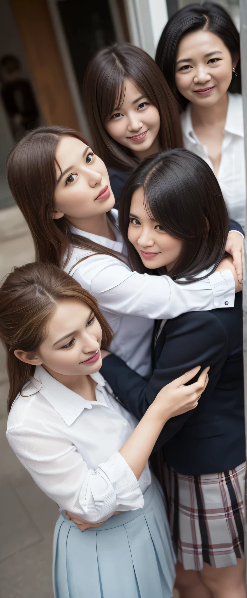 2 womenと1 male、(((Picture below:1.4)))、(((Viewer films Two Women from a low angle..:1.3)))、(((The two women are unaware of their audience..))),(Cute Profile)、(((2 women、、High School Uniform、White dress shirt、Mini Pleated Skirt:1.3)))、((1 male、50 years old、Middle-aged obesity、In a suit)),((Man stands behind 2 women、Women hugging each other))((Two Women'The shirt is unbuttoned.、the man puts his right hand inside his shirt and touches the breasts of Two Women.......:1.4))、((the man'Left hand touches woman'Private area.)),(Very detailed Beautiful Face of one young girl), Great look and best quality:1.4), (Very detailedな), (8K Dende wallpaper), Very detailed, High resolution raw color photos, Professional photography, Realistic portraits, Great face and eyes, Brown eyes, in 8K、Very detailed beautiful girl's face、Very detailed目、Very detailed肌、Very detailed指、Very detailed鼻、Very detailed mouth、Perfect Anatomy、Detailed Background、Detailed clothing、Two beautiful girls、(16:1.2)、16 years oldrls、Realistic body、Body like a model、((Realistic beautiful girl))、small、White skin、Glowing Skin、((Very short and beautiful black hair))、((Nogizaka ))、((Troubled face:1.2))、bangs: 1.5、Cute Face、Lifelike Face、Delicate eyes、((Inside a crowded subway car:1.3))、((High School Uniform、Private areas and breasts appear..))、16 years old,、((2 women d))、Please open your legs、((Domestic parts now available.......................))、((Shaved pussy))、((Very huge breasts and small nipples............)), Written boundary depth, Full Shot、Female name、Japanese、16 years old、(Beautiful Face:1.5)、(N(Very large breasts bigger than a face:1.65))