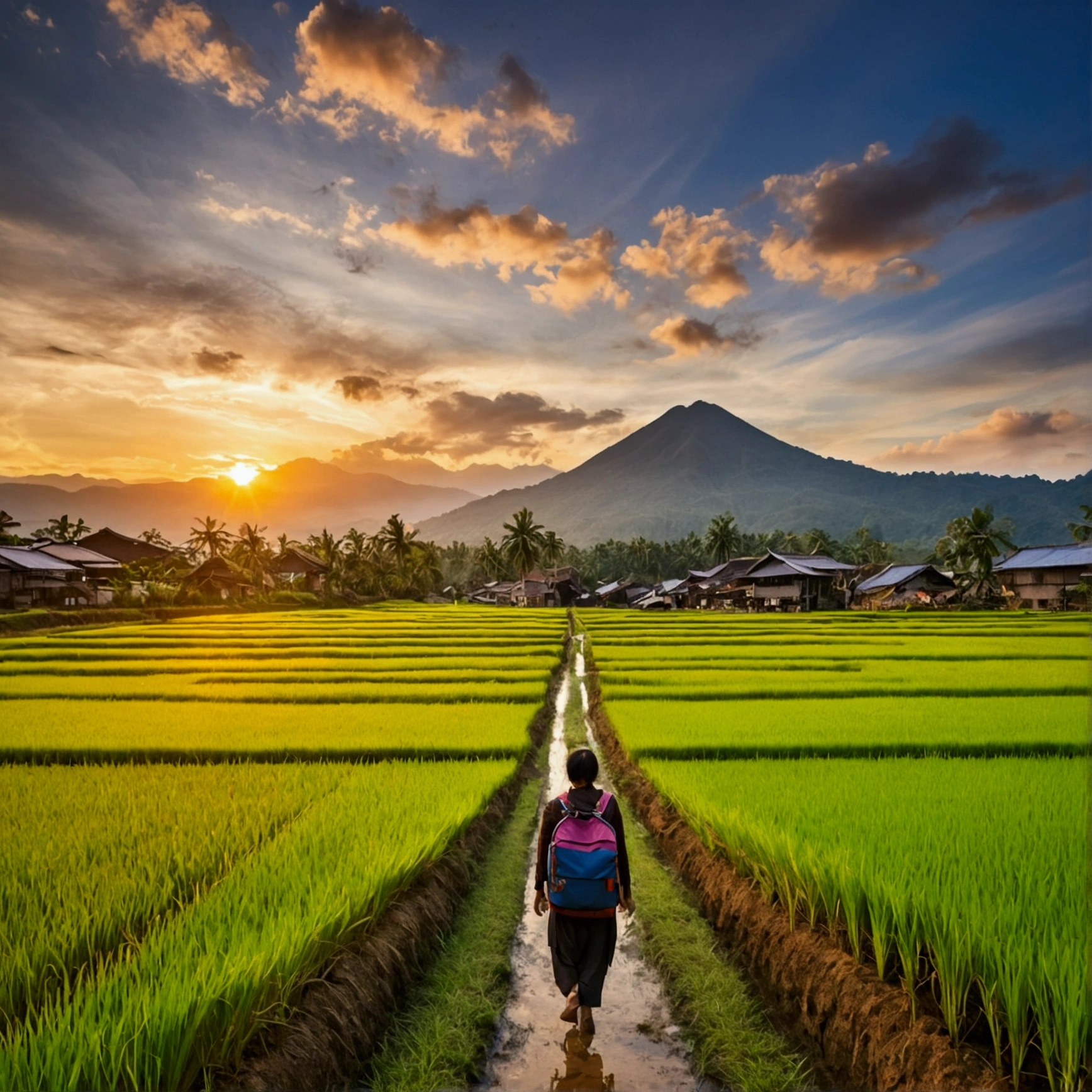 Rice field street, Best quality images, Backpack, Wide angle, mountain view, Sunset sky