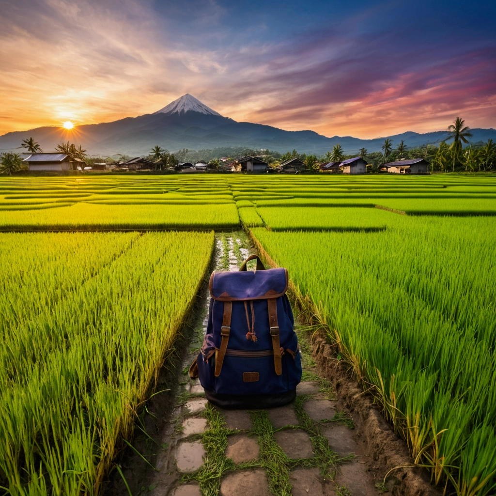 Rice field street, Best quality images, Backpack, Wide angle, mountain view, Sunset sky