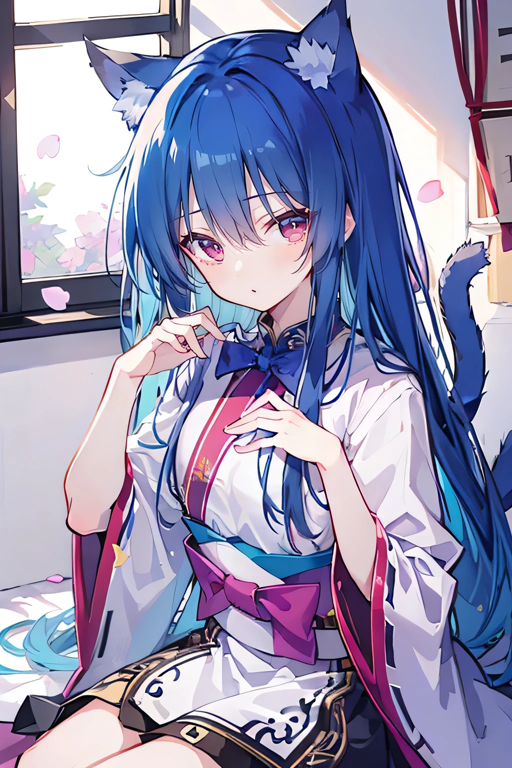 (Masterpiece:1.2)，Ultra-detailed，lifelike，The eyes are expressive，Fair skin，Perfect face shape，1 girl，Japanese Manga，Gorgeous blue hair，Flowing blue hair，Flowing clothes，Cat ears，Petals falling，Shy face，sitting on window，Place your hand on your lips，