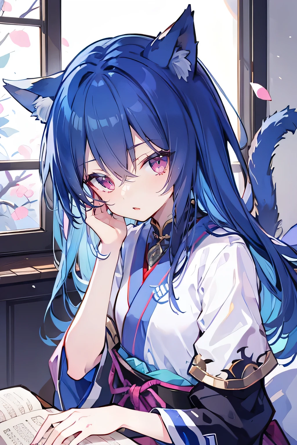 (Masterpiece:1.2),Ultra-detailed,lifelike,The eyes are expressive,Fair skin,Perfect face shape,1 girl,Japanese Manga,Gorgeous blue hair,Flowing blue hair,Flowing clothes,Cat ears,Petals falling,Shy face,sitting on window,Place your hand on your lips,