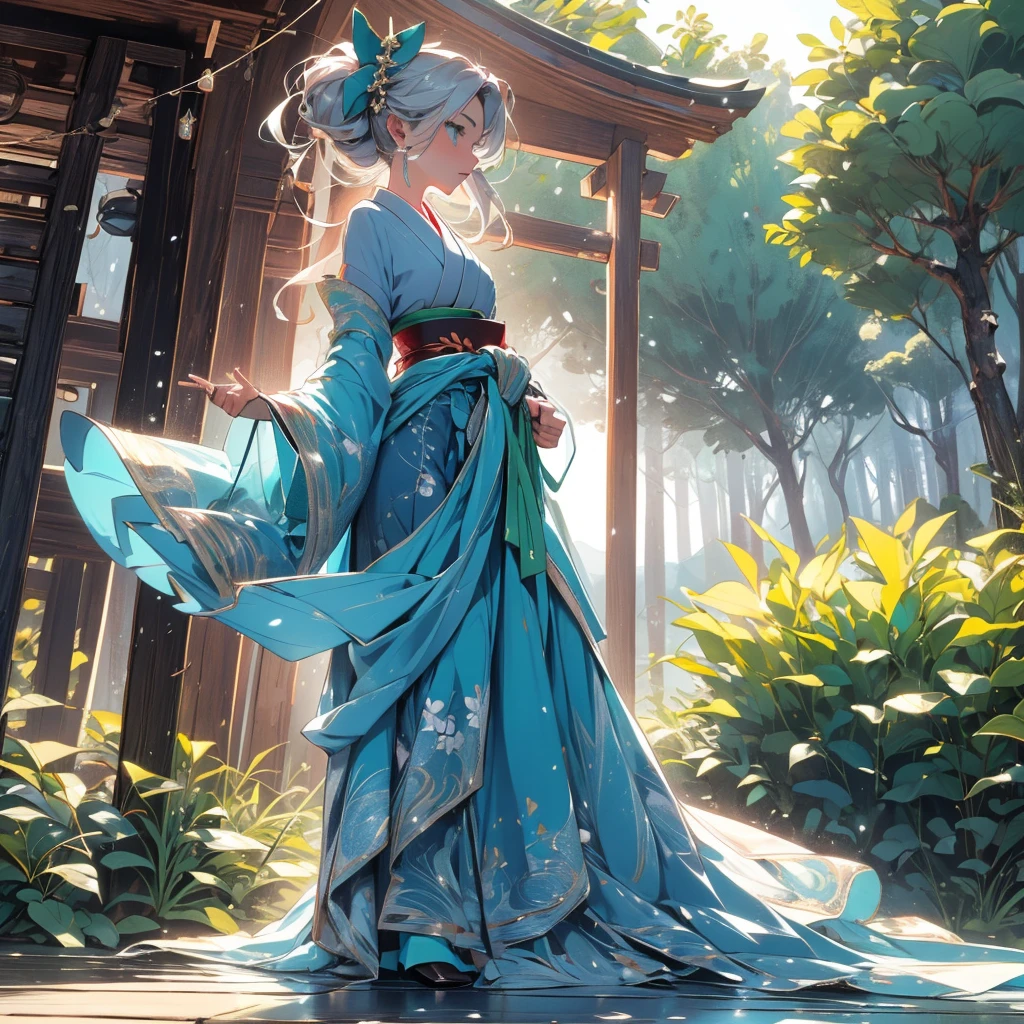 ((Highest quality)), ((masterpiece))、(The morning sun shines in、Delicate and beautiful)、(A shrine in the mountains shrouded in early morning mist、Two people on stage)
(background(View from the mountain、You can see the lake at the foot of the mountain and the town and forest that spread out along its shores.、I can see the ocean in the distance))、
((prospect(Two people on stage、The morning sun shines through, creating a mysterious beauty、Old womanとGirl))、
Old woman(Vigorous、Long grey hair mixed with white hair、It hangs down the back and is tied around the waist.、Grey Eyes、A dignified atmosphere、Shrine maiden outfit)、Girl
(Blue and silver long hair、It hangs down the back and is tied around the waist.、Blue-green eyes、Lively、Shrine maiden outfit)、dance practice、Old womanによる指導
