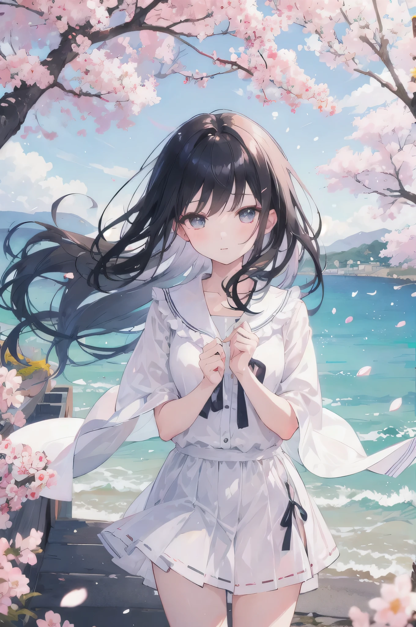 One girl,Black Hair, Floating Hair, Seaside,景color,landscape,cherry blossoms,  Sunbeam,God&#39;s Rays,  color,Swimwear
