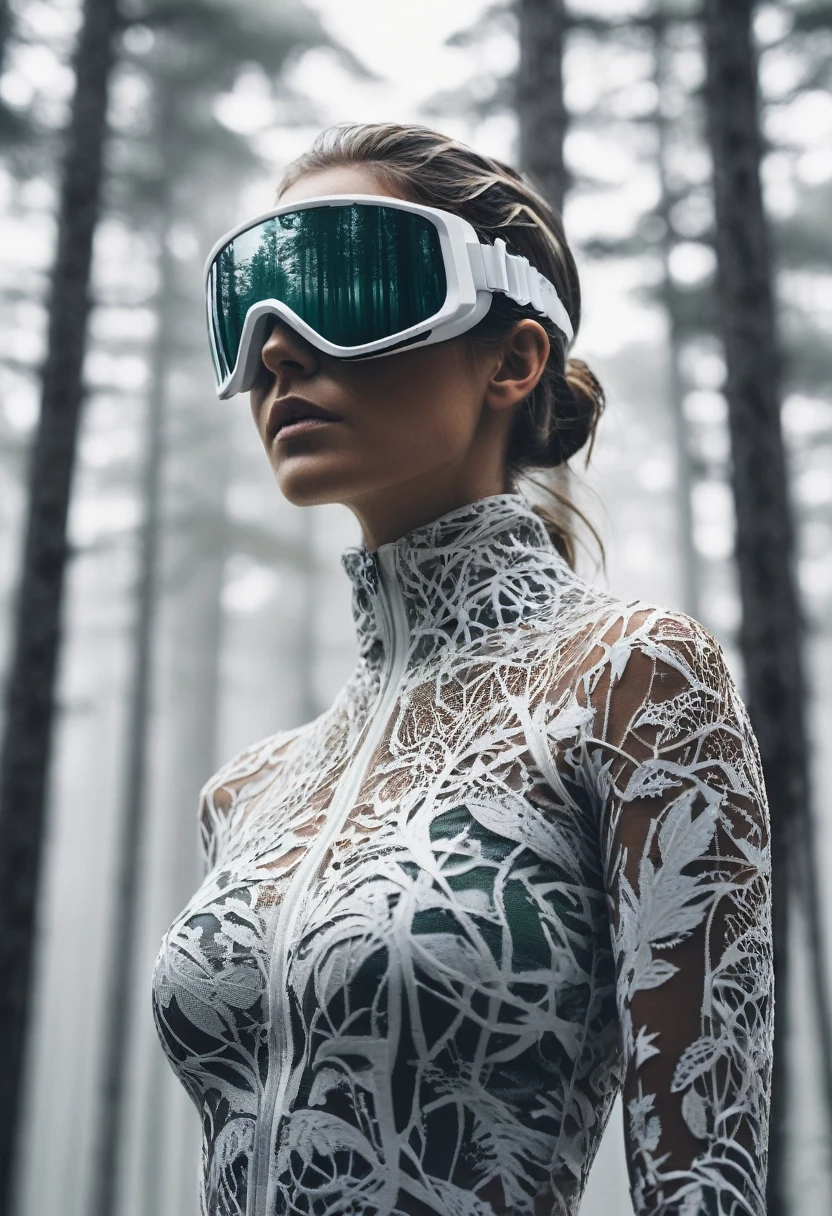 double exposure, solid white back ground, mysterious silhouette forest woman,wearing enduro goggles , amazing depth, masterwork, surreal, geometric patterns, intricately detailed, bokeh, perfect balanced, deep fine borders, artistic photorealism , smooth, great masterwork by head of prompt engineering