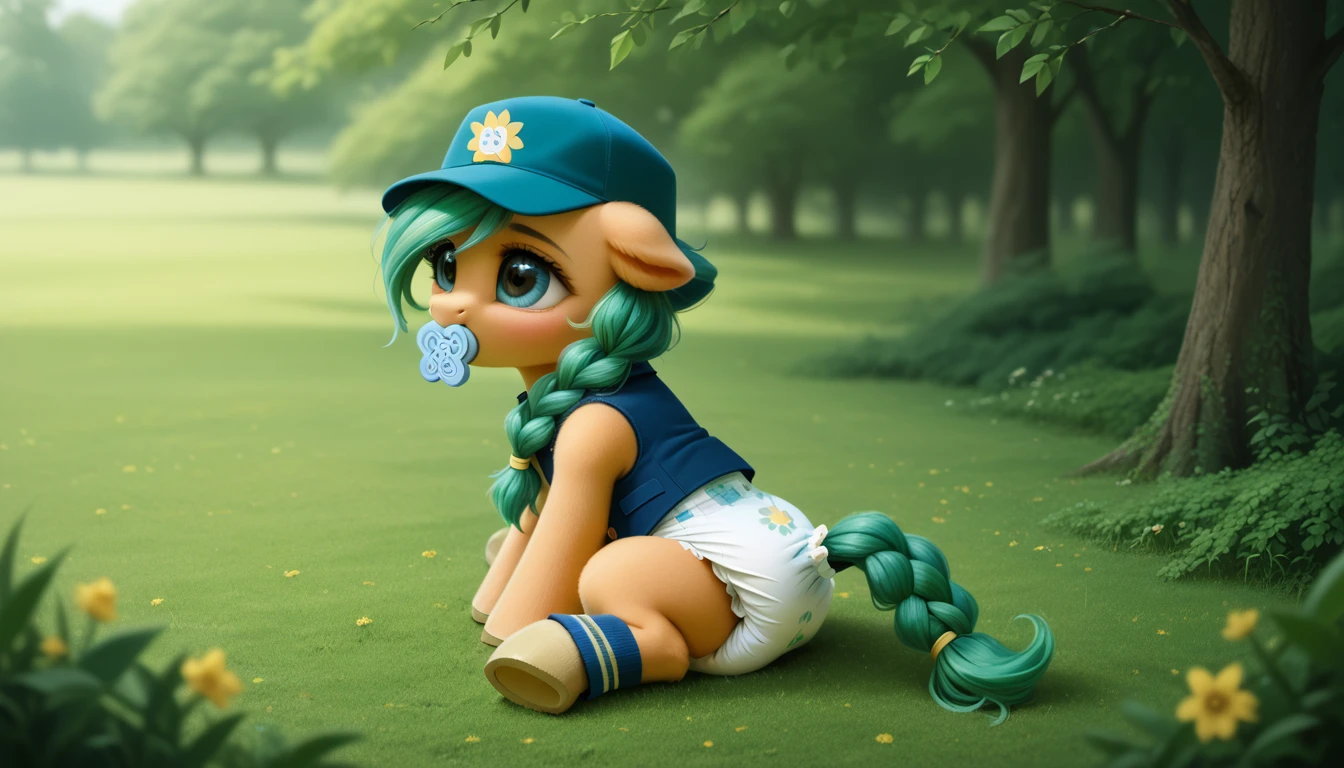 pony, бежевая земная pony, no horn, no wings, adult filly, lush mane braided, bushy tail, Sitting outside, dressed in a vest, cap and booties, pacifier in mouth, solo, thick diaper under clothes.