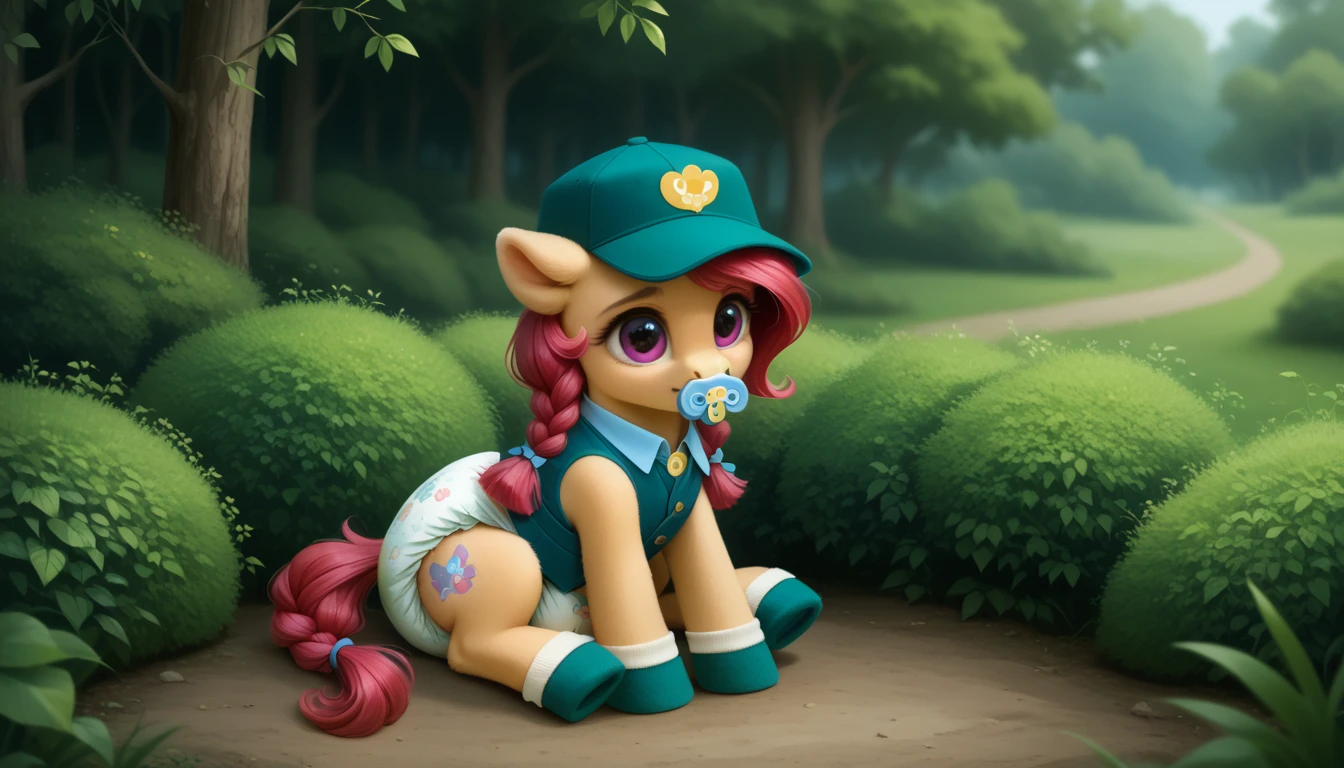 pony, бежевая земная pony, no horn, no wings, adult filly, lush mane braided, bushy tail, Sitting outside, dressed in a vest, cap and booties, pacifier in mouth, solo, thick diaper under clothes.