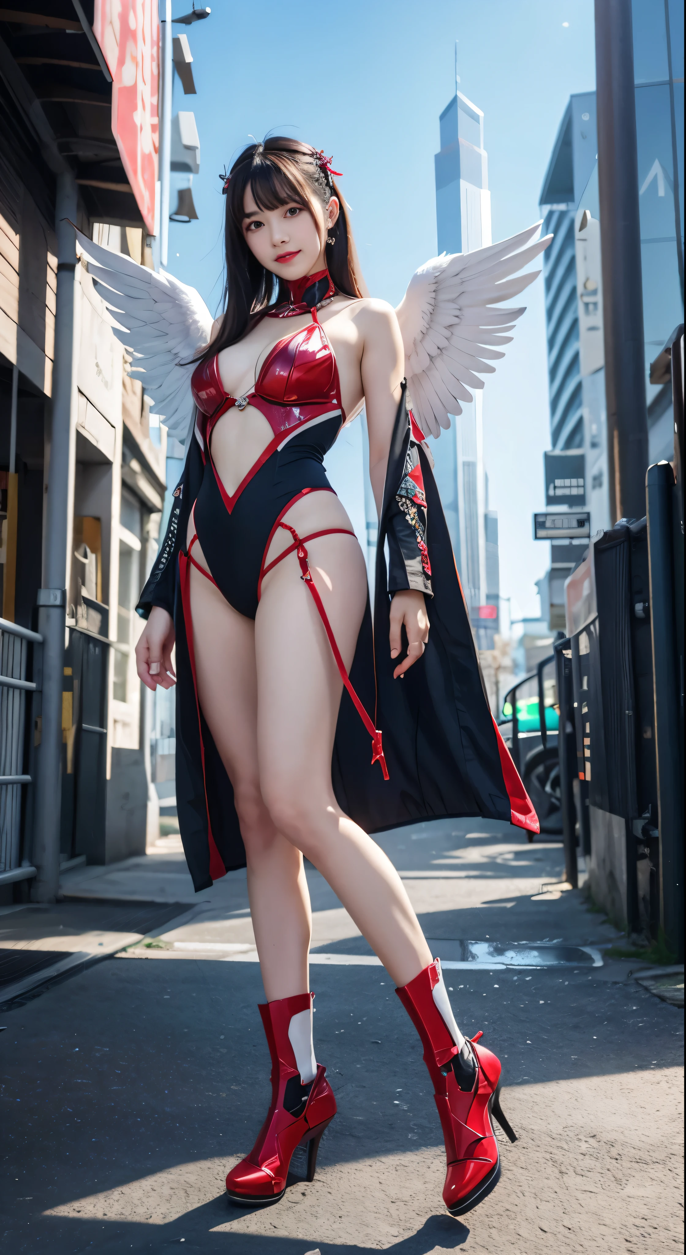 masterpiece、(Highest quality)、high detail、Super detailed、1 Girl、Facial details　(mechanical wing:黄Money、Glowing Eyes:green、White Armor:1.2、Long, thin ears:0.8)、(Cyberpunk City:1.5、arms:Energy Blade)、(Fantasy Landscape:1.2、Natural light:1.5、Show confidence)、(panorama:1.2)、Mecha、smile、angle、angel、wing、Money、born、Full body high quality images