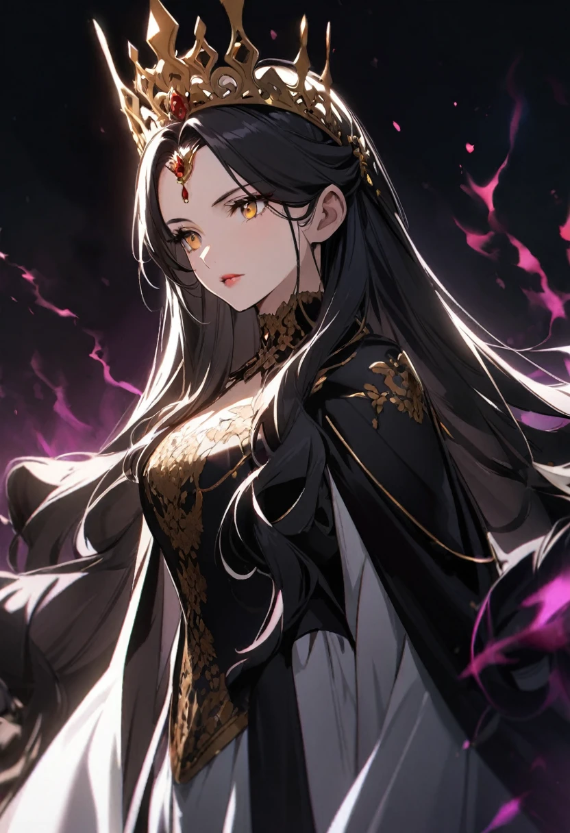 Girl, long hair, golden eyes, graceful, black hair, mature beautiful queen, pretty, black aura,