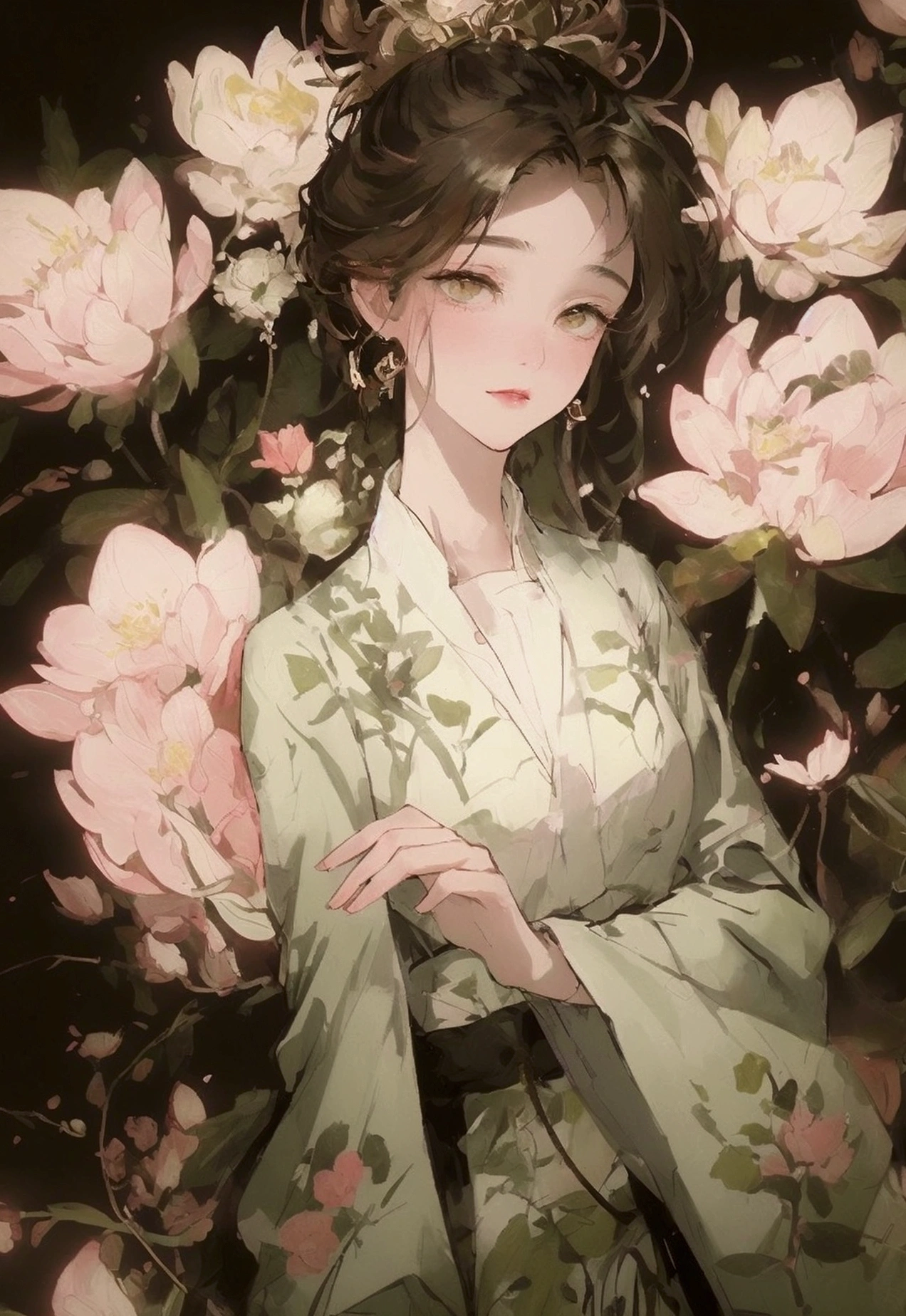 A beautiful woman,Flowers around,Light white and light green,Exaggerated human proportions,Front view,Illustration in flat style,Soft Light,Super Detail,Ultra HD,8K quality,Wide Angle