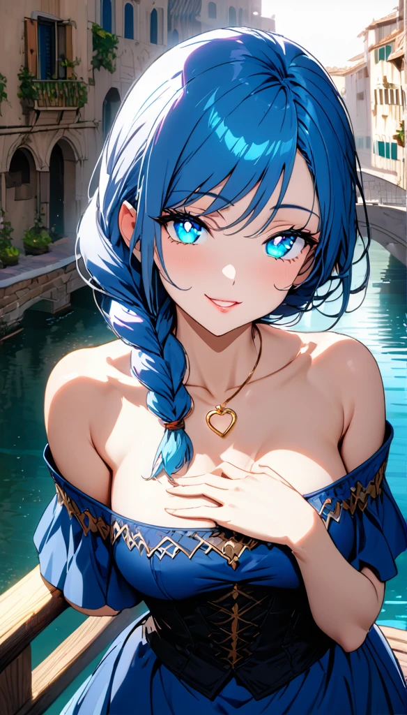 (masterpiece, very aesthetic:1.4), best quality, incredibly absurdres, Accurate, 8K, stunning, stylized,
ultra-detailed, delicate details, simplified details,
cinematic, recent, (vibrant:1.2), (clear pictures, clean lines), (illustration), digital painting, (soft lighting:1.2),
cowboy shot,
BREAK
a cute girl, solo, college age, (small face), beautiful detailed face,
charming girl, bewitching girl, A symbol of miraculous beauty, Graceful posture,
medium breasts, curvy, accurate hands and fingers,
BREAK
(navy blue hair), (a long single braid hair:1.4), smooth hair, asymmetrical bangs,
BREAK
(aqua blue eyes), (beautiful detailed eyes:1.3), (black oblong Pupils, slant eyes, glowing eyes, finely detailed irises, long delicate eyelashes:1.2),
BREAK
(navy blue dress), (off shoulder, Strapless dress, Sleeveless:1.3), (black corset), (a tiny heart-shaped golden ring pendant:1.4),
BREAK
fantasy world cityscape, (A city resembling Venice with canals, Leaning against the railing of a bridge over a large river:1.2), (soft lighting:1.2), Beautiful world, sunny afternoon, Blown by the gentle wind, Soft sunlight that induces afternoon drowsiness,
BREAK
gorgeous lips, natural pink lips, heart-shaped lips, beautiful detailed lips, Glossy,
(seductive smile:1.3), (looking side glance), (left hand on own chest:1.2), perfect eyes,