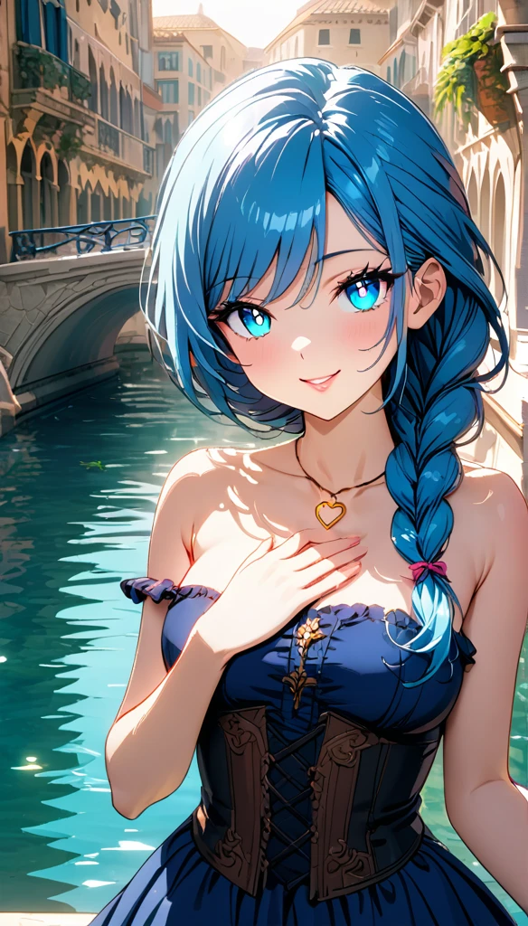 (masterpiece, very aesthetic:1.4), best quality, incredibly absurdres, Accurate, 8K, stunning, stylized, 
ultra-detailed, delicate details, simplified details, 
cinematic, recent, (vibrant:1.2), (clear pictures, clean lines), (illustration), digital painting, (soft lighting:1.2), 
cowboy shot,  
BREAK 
a cute girl, solo, college age, (small face), beautiful detailed face, 
charming girl, bewitching girl, A symbol of miraculous beauty, Graceful posture, 
medium breasts, curvy, accurate hands and fingers, 
BREAK 
(navy blue hair), (a long single braid hair:1.4), smooth hair, asymmetrical bangs, 
BREAK 
(aqua blue eyes), (beautiful detailed eyes:1.3), (black oblong Pupils, slant eyes, glowing eyes, finely detailed irises, long delicate eyelashes:1.2), 
BREAK 
(navy blue  dress), (off shoulder, Strapless dress, Sleeveless:1.3), (black corset), (a tiny heart-shaped golden ring pendant:1.4), 
BREAK 
fantasy world cityscape, (A city resembling Venice with canals, Leaning against the railing of a bridge over a large river:1.2), (soft lighting:1.2), Beautiful world, sunny afternoon, Blown by the gentle wind, Soft sunlight that induces afternoon drowsiness, 
BREAK 
gorgeous lips, natural pink lips, heart-shaped lips, beautiful detailed lips, Glossy, 
(seductive smile:1.3), (looking side glance), (left hand on own chest:1.2), perfect eyes, 
