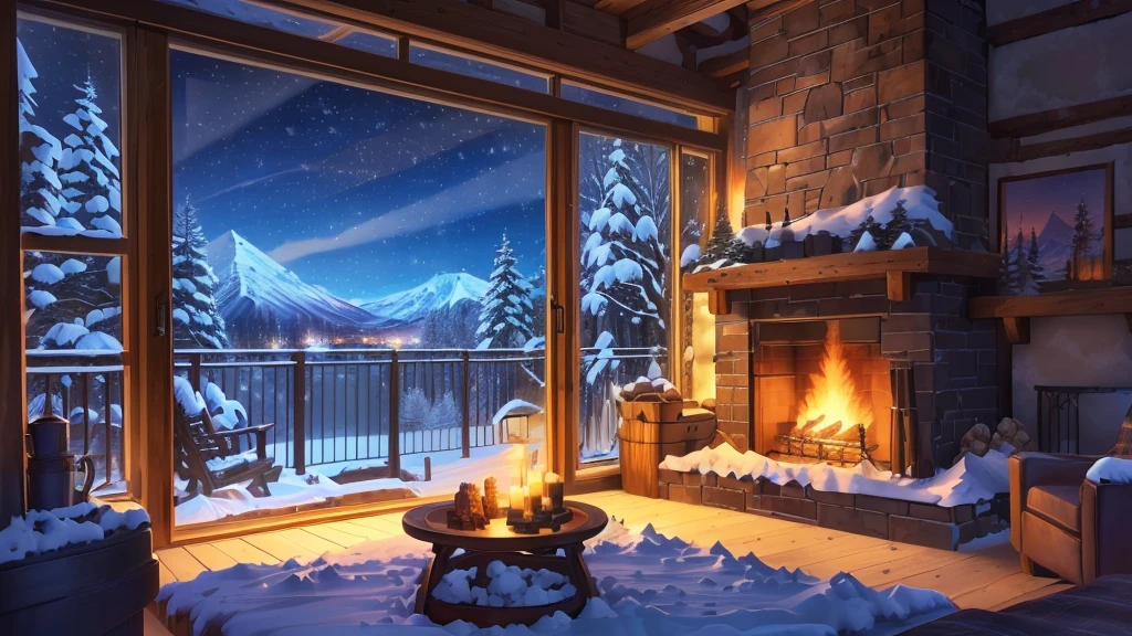 arafed room with a fireplace and a view of a snowy mountain, cozy wallpaper, cozy home background, winter concept art, anime background art, cozy environment, warm beautiful scene, background artwork, cozy place, snowy night, beautiful detailed scene, relaxing concept art, winter night, cozy atmospheric, cozy living room background, stunning art style, highly detailed scene