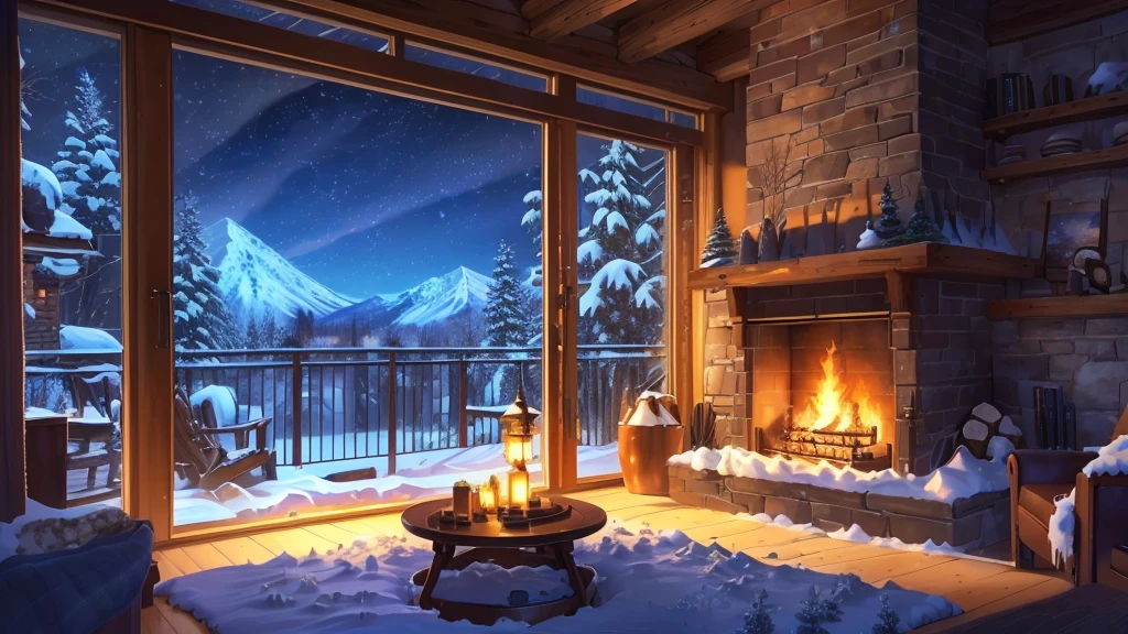 arafed room with a fireplace and a view of a snowy mountain, cozy wallpaper, cozy home background, winter concept art, anime background art, cozy environment, warm beautiful scene, background artwork, cozy place, snowy night, beautiful detailed scene, relaxing concept art, winter night, cozy atmospheric, cozy living room background, stunning art style, highly detailed scene