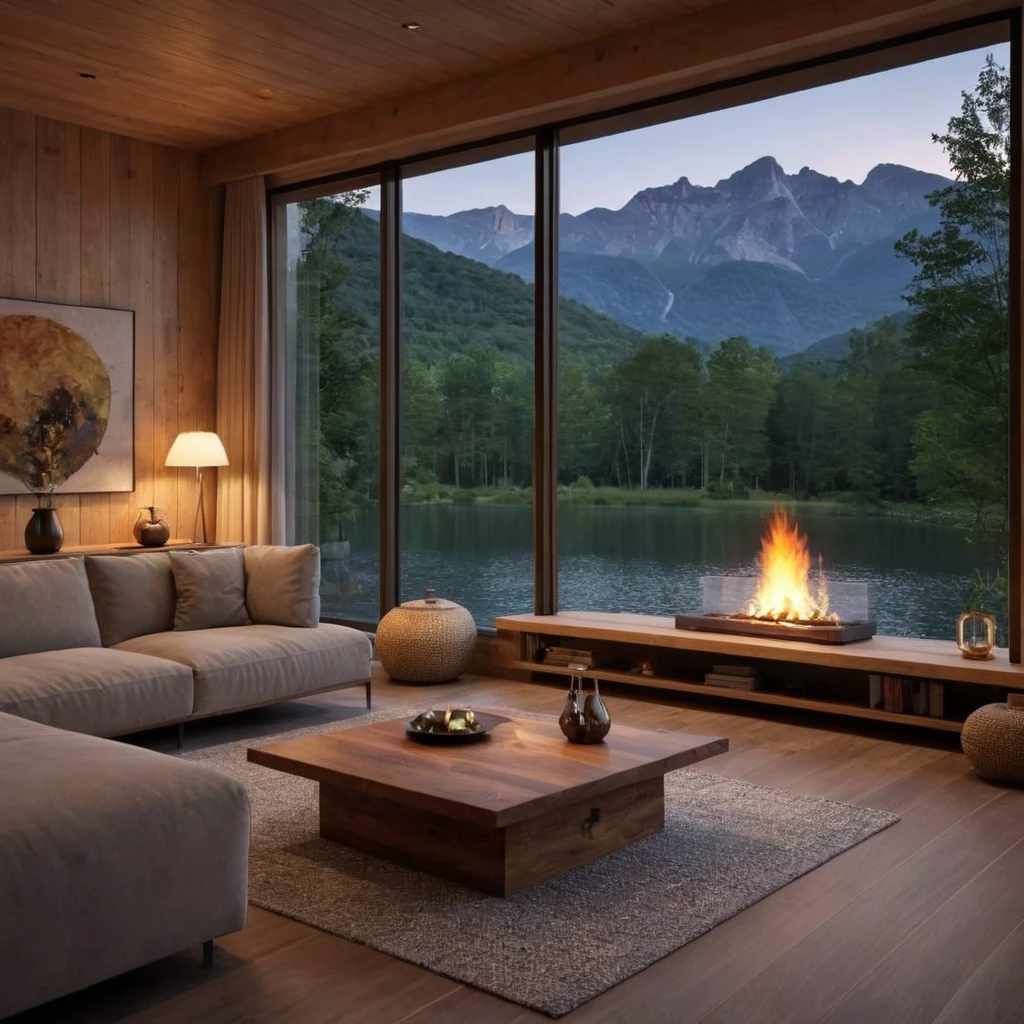 Imagine a modern, Luxurious cabins under the stars，with majestic mountains in the background，Next to the tranquil lake. Design House，TV set，Ornaments，Seamlessly blending modern elements with natural surroundings, A resting place for creation. Envision large windows to capture the stunning views，and emphasizes connection with the outdoors. Have a comfortable indoor environment, Specifically, Integrate a fireplace to enhance ambiance. Describing the layout, Material, The overall design creates a feeling of comfort and luxury, Make it an idyllic haven under the stars. Surrealism, Photorealism, Super Fine, 8K