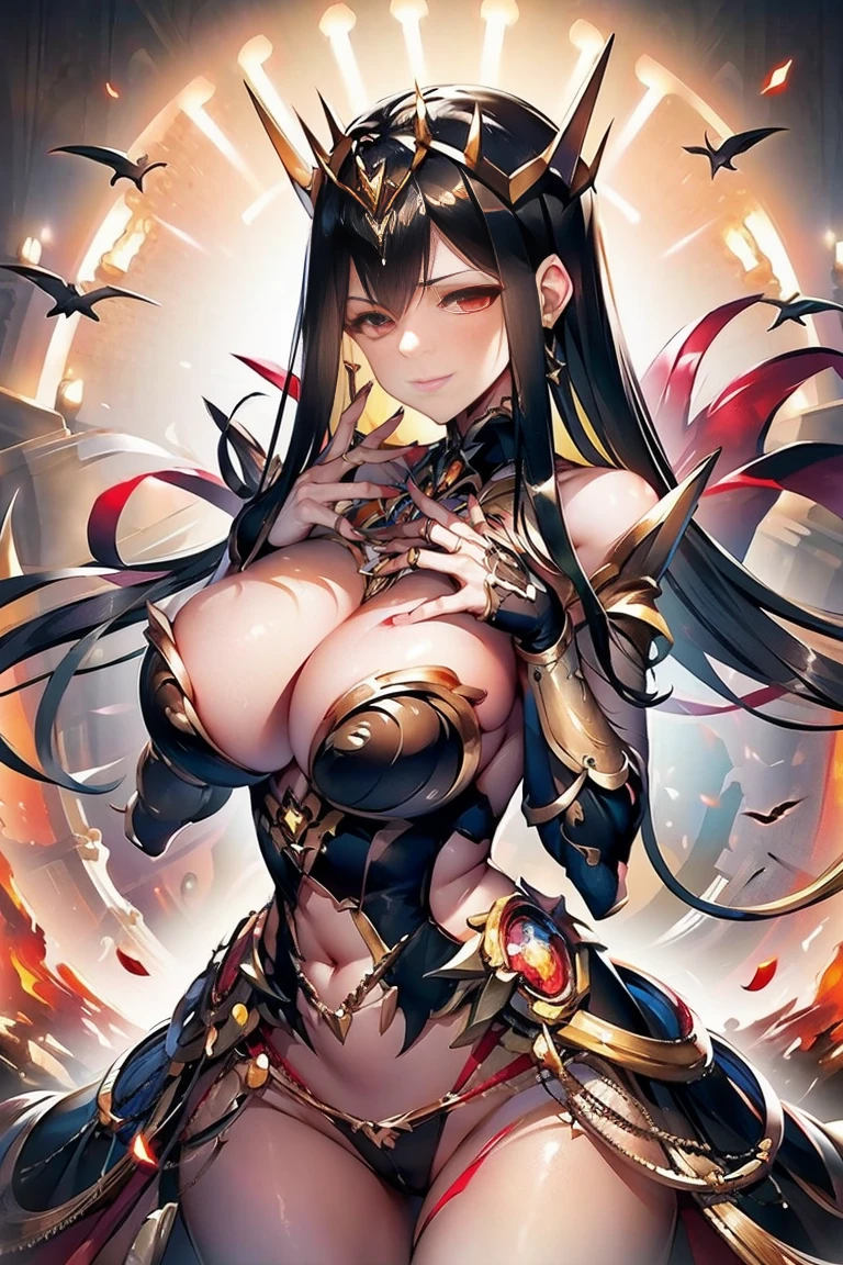 black hair, bare shoulder, red eyes, very long hair, cleavage, large breasts, dress, showgirl skirt, high-leg, cleavage cutout, tiara, bare thighs, gauntlets, bare shoulder, (((Correctly aligned fingers, extremely detailed hands and fingers, ultra detailed hands and fingers, super detailed hands and fingers, perfect female hands and fingers, biologically accurate hands and fingers, 4 fingers and 1thumb accurate hands and fingers, beautiful hands and fingers, hands and fingers drawing, human hand and fingers, perfect arrangement of fingers))), adult face, fearless face, both arms, two arms, both hands, two hands, super fine illustration, masterpiece, masterwork, by famous artist, official art, ultra high res, best quality, high quality, Hand, detailed, perfect, perfection , hands, betterhand, both hands is Thumb and index finger and middle finger and ring finger and little finger, symmetrical hands, even hands, bare nails, bare fingers, panties, fingers down,

