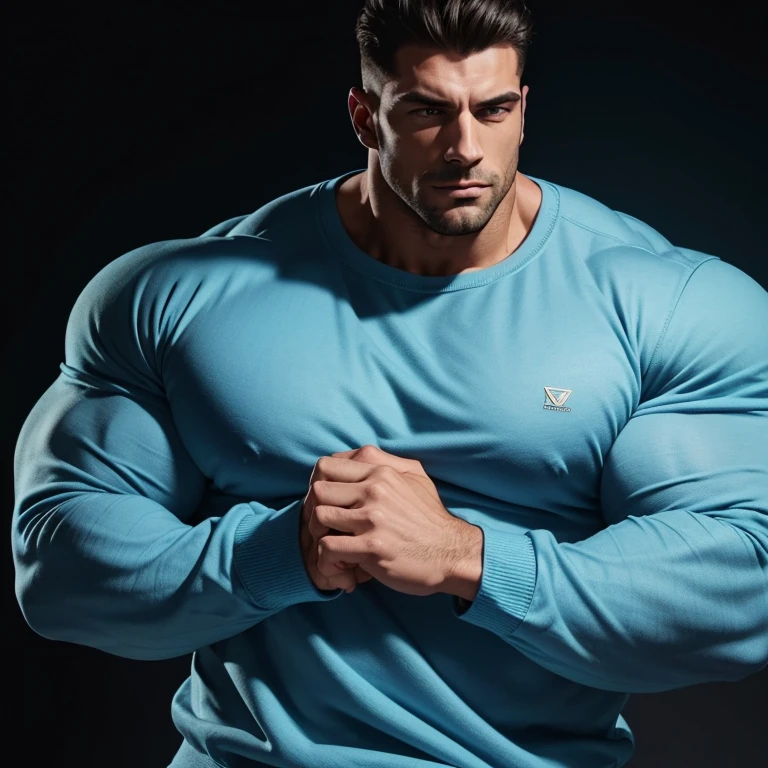 a very handsome, massively muscular man, with massively large muscles, with massively large biceps, with massively large arms, wearing a simple light blue sweatshirt with long sleeves, on a black background