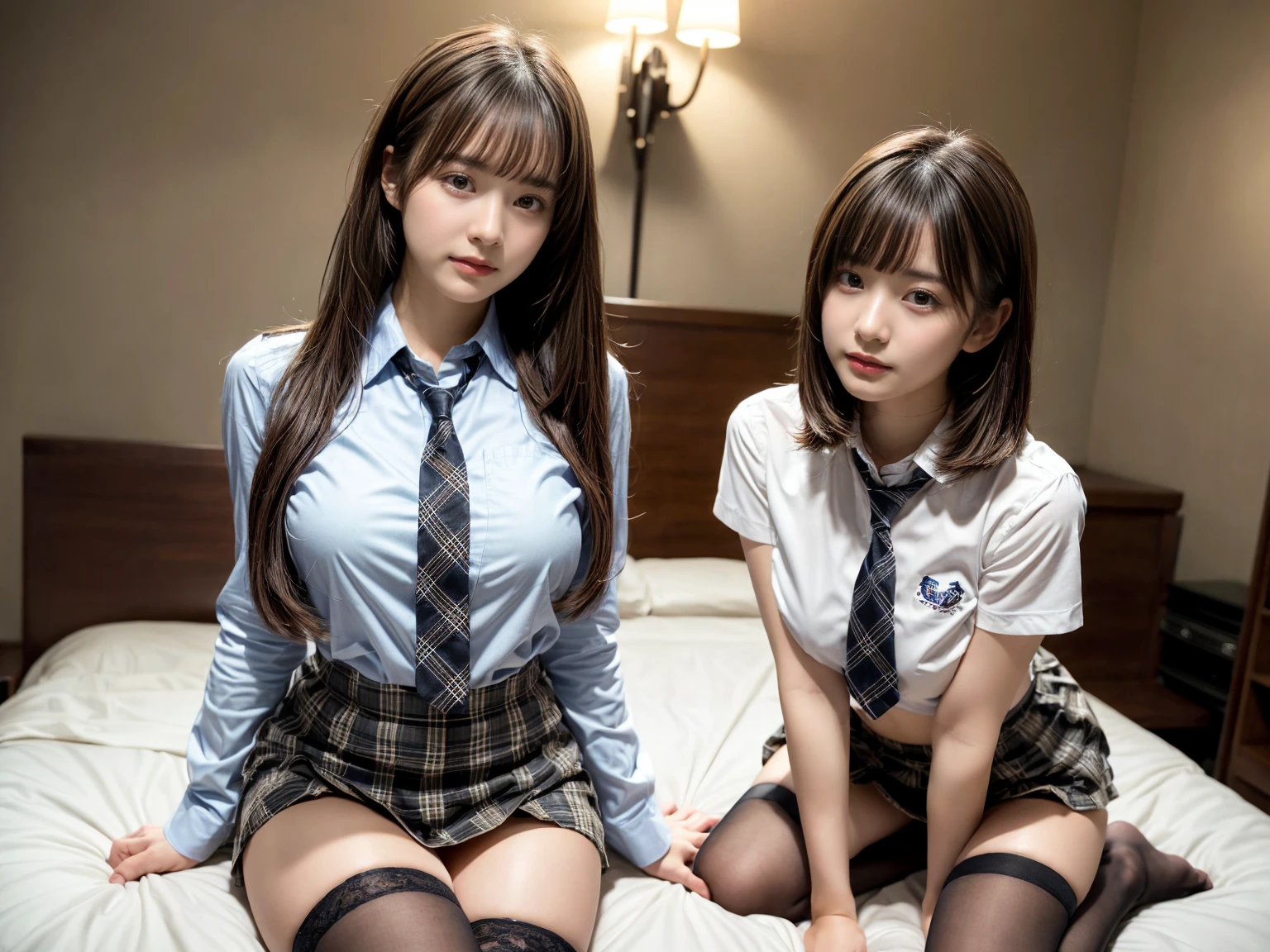 masterpiece, best quality, illustration, Super detailed, fine details, High resolution, 8K,wall paper, perfect dynamic composition,(Details High quality, realistic depiction of eyes:1.3), (3 girls), (white school shirt :1.2), (plaid skirt :1.3), tie black, black thigh-high stockings, sitting, open legs, short bob hair, in a hotel room in the background, deep on field, large breasts, black hair color, Big Natural Color Lip, (perfect body shape), crying a little、Harajuku style、20 year old girl、cute type、beautiful legs, Gravure Idol