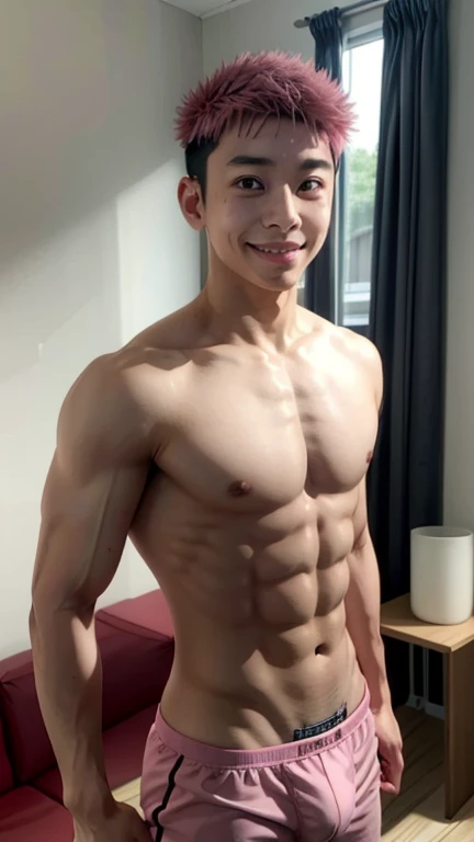 Japanese men、、Underdeveloped muscles and smooth skin Grey thin boxer briefs、The whole body is visible、Posing in the living room、A cheerful smile、Pink undercut hairstyle