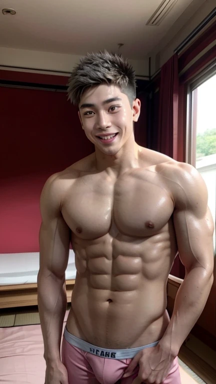 Japanese men、、Underdeveloped muscles and smooth skin Grey thin boxer briefs、The whole body is visible、Posing in the living room、A cheerful smile、Pink undercut hairstyle