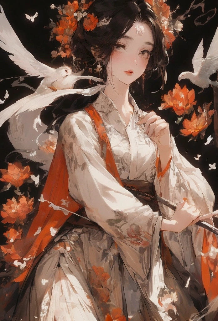 A Ming Dynasty figure painting in the style of Tang Yin, featuring a beautiful woman holding a flower with a bird perched on her finger.