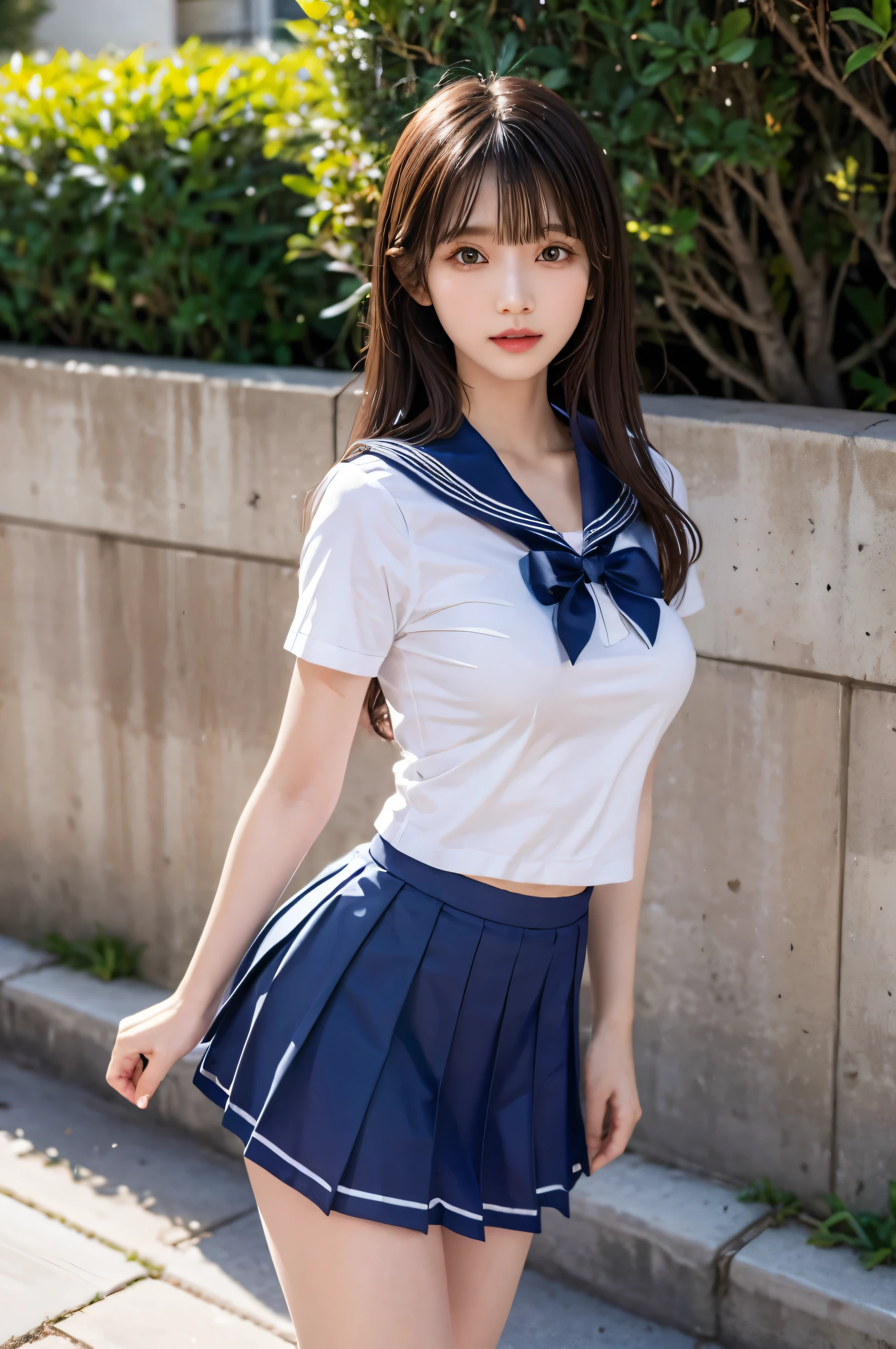 (Ultra HD), (Short-sleeved sailor uniform, Navy blue mini skirt), Big Breasts, slender, whole body, Standing posture, (Clean and shiny skin, Whitening, No makeup), (Super slim face, Super beautiful face), (semi-long, Layered Cut, Fluffy hair), (double eyelid, Slanted Eyes), Small Nose, Thin lips, Thin legs, In front of the school gate