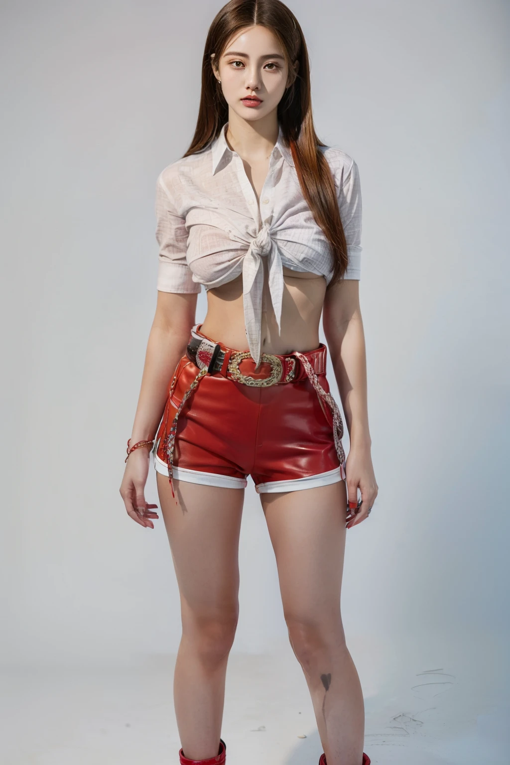 (RAW shooting, Photoreal:1.5, 8k, highest quality, masterpiece, ultra high resolution), perfect dynamic composition:1.2, Highly detailed skin and facial textures:1.2,beautiful and aesthetic:1.2, sexy beauty, perfect style, belief, Strong-willed, revenge, Fair skin, very beautiful face, (large breast, Chest gap), (beautiful eyes)(connie, 1girl, tall, long legs, navel, straight hair, tied shirt, belt:2, tight red shorts:2),(simple background:1),(knees together),(standing:1.4),(full body photo:1.4),