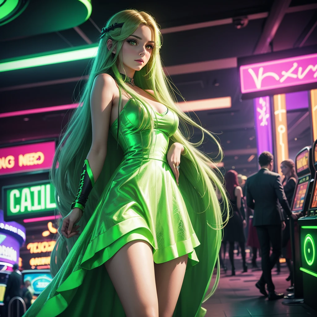 a beautiful young european woman with long light hair standing in a casino, wearing a dress, in a green cyberpunk-inspired lighting, neon signs
