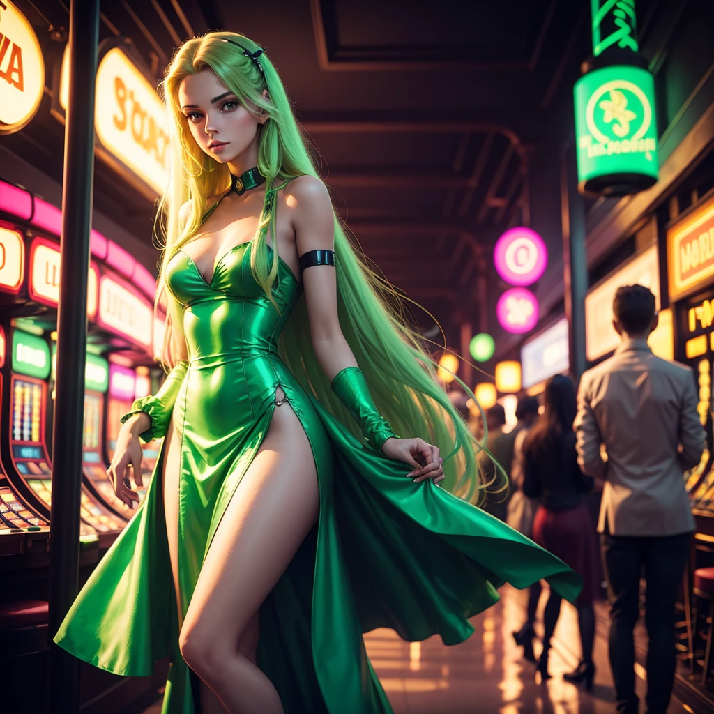 a beautiful young european woman with long light hair standing in a casino, wearing a dress, in a green cyberpunk-inspired lighting, neon signs
