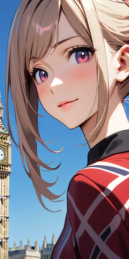 ((Highest quality、masterpiece、anime style、best quality、high resolution、8k、detailed、ultra-detailed:1.3))、Long legs:1.2, Beautiful woman with perfect figure:1.4、(Smiling:1.2), double eyelid、30-year-old female、((((One Woman,beautiful face,Beautiful face、London,upper body:1.5)))),Big Breasts、High resolution, accurate, Anatomically correct, High-resolution model, high quality, Very detailed, Ultra high definition, Textured skin,